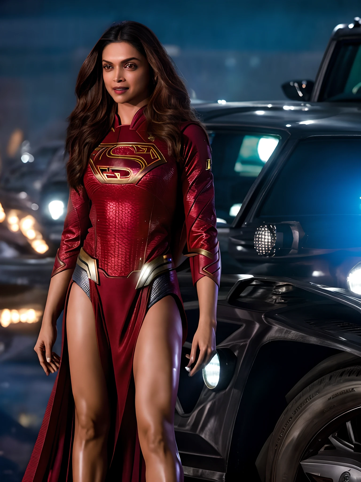 Deepika Padukone super realistic and real, well detailed, high definition, ultra resolution, in the character of Supergirl from the new movie of The Flash, sensual, flying or next to Batman with Michael Keaton also very real.