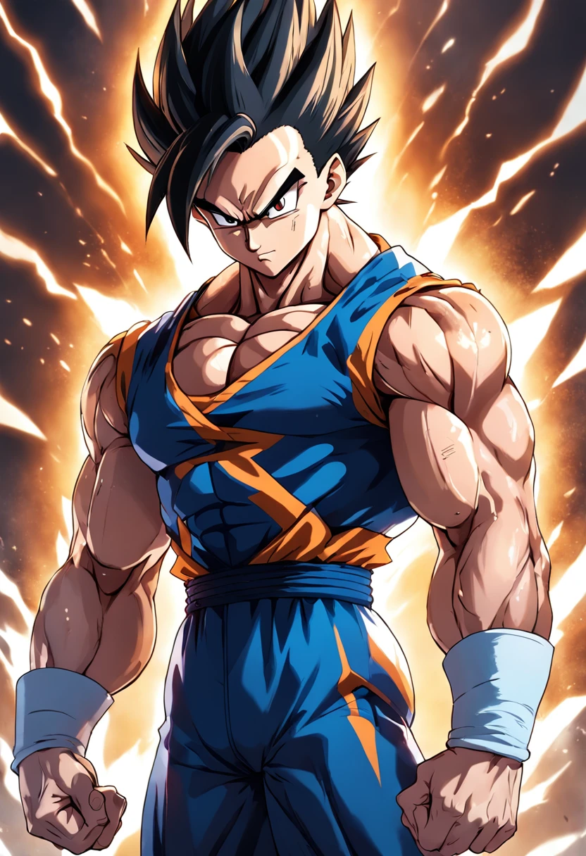a detailed illustration of Vegeta, personagem de Dragon Ball, treinando intensamente em uma academia, showing your defined muscles and determined expression.