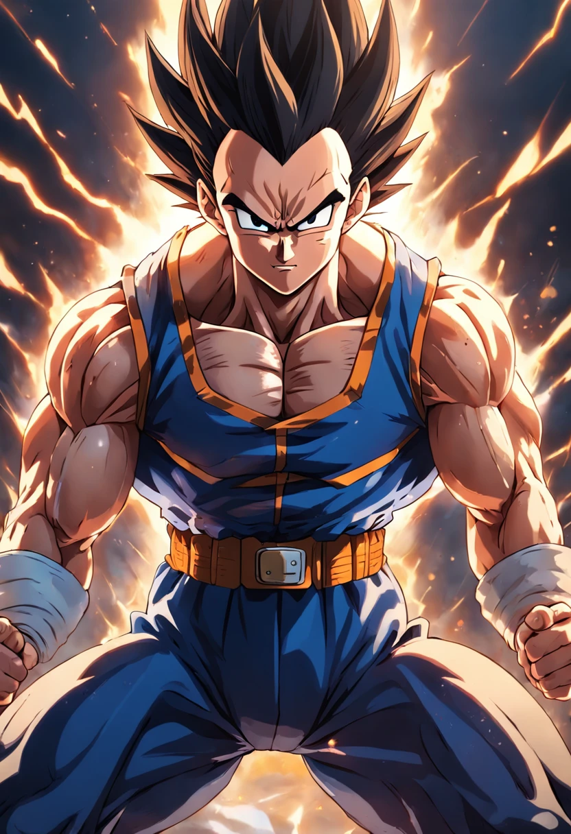 a detailed illustration of Vegeta, personagem de Dragon Ball, treinando intensamente em uma academia, showing your defined muscles and determined expression.