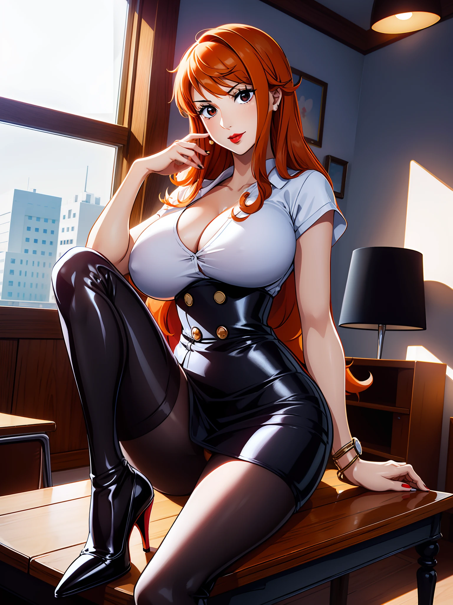 Girl, red lips, big nose, big tits, long hair, orange hair colors, fair skin, office clothes, white clothes colors, black skirt colors, black stocking colors, black high heels colors, sexy body, Sit down pose, sexy pose, elegant pose, beautiful girl, in room realistic