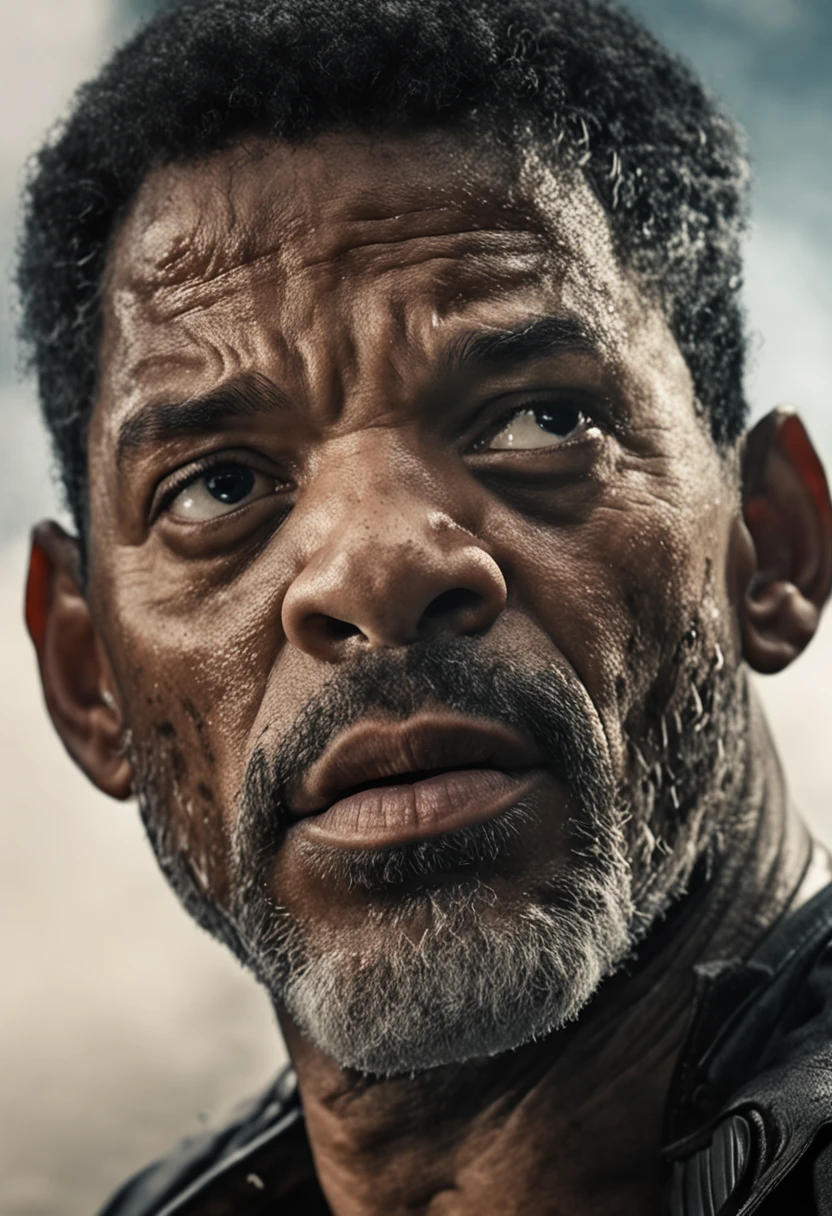 uma foto de Will Smith focada no rosto, 37 anos, perfil, olhos serrado, imagem real. ultra realista, 8k, mega realista, fundo escuro, angry expression, chuva, eyes full of tears, chorando, ultra real, qualidade de cinema, realidade humana, fundo escuro, choro