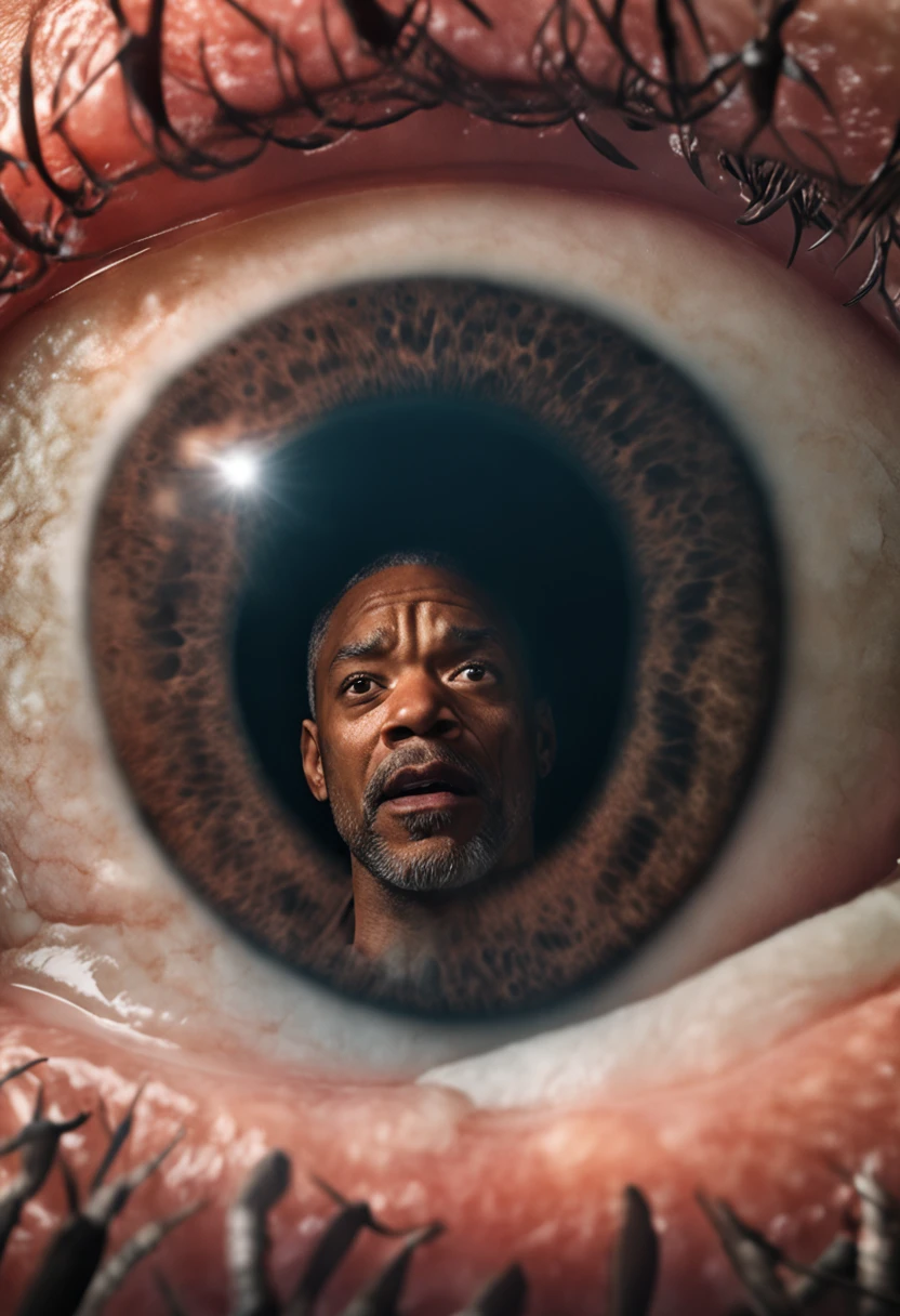uma foto de Will Smith focada no rosto, 37 anos, perfil, olhos serrado, imagem real. ultra realista, 8k, mega realista, fundo escuro, angry expression, chuva, eyes full of tears, chorando, ultra real, qualidade de cinema, realidade humana, fundo escuro, choro