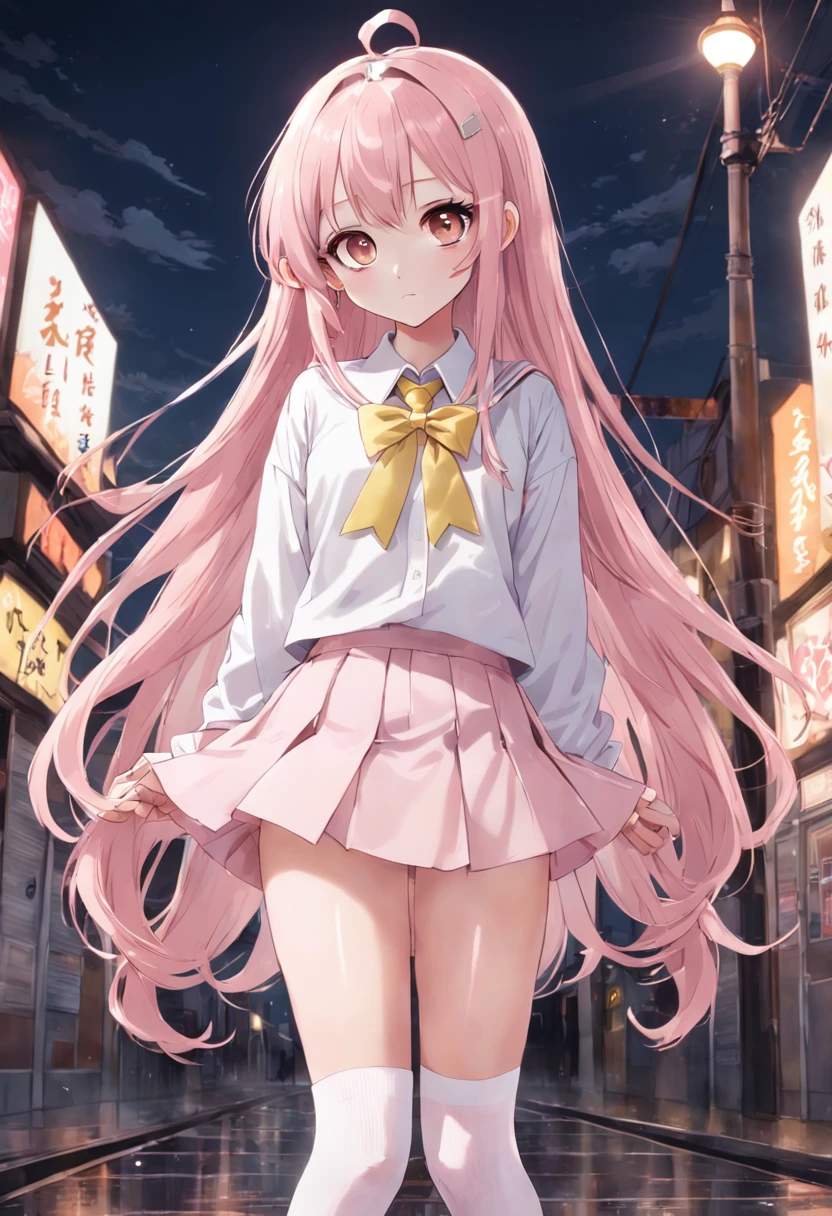 Gentle beautiful gorgeous wonderful teen girl, Tall girl, Pastel pink long hair, pastel yellow big eyes, Lovely look, Slightly blushing, Wearing plain white shirt, with light yellow tie bow, and light pink, skirt Wears long white knee socks, and black school shoes, has Really light skin, long eyelashes, Wearing few white basic hairclips in her hair, wear gold bracelets, hot shaped body, Oshi no ko style and white background