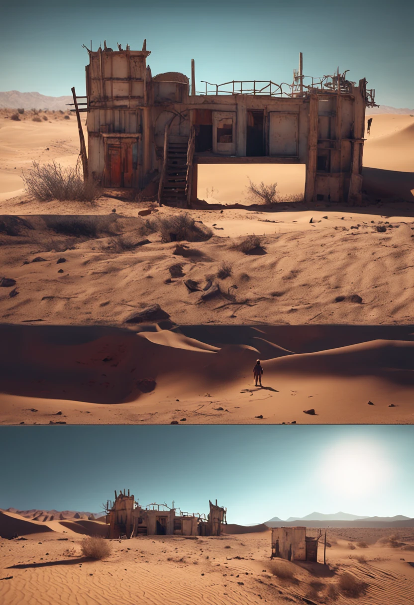 (Deserto isolado de areia:1.1)+(post-apocalyptic and horror atmosphere)+(Shadowy ruins of a factory in the desert at night)+(Tecnologia abandonada)+(Fantasia medieval)