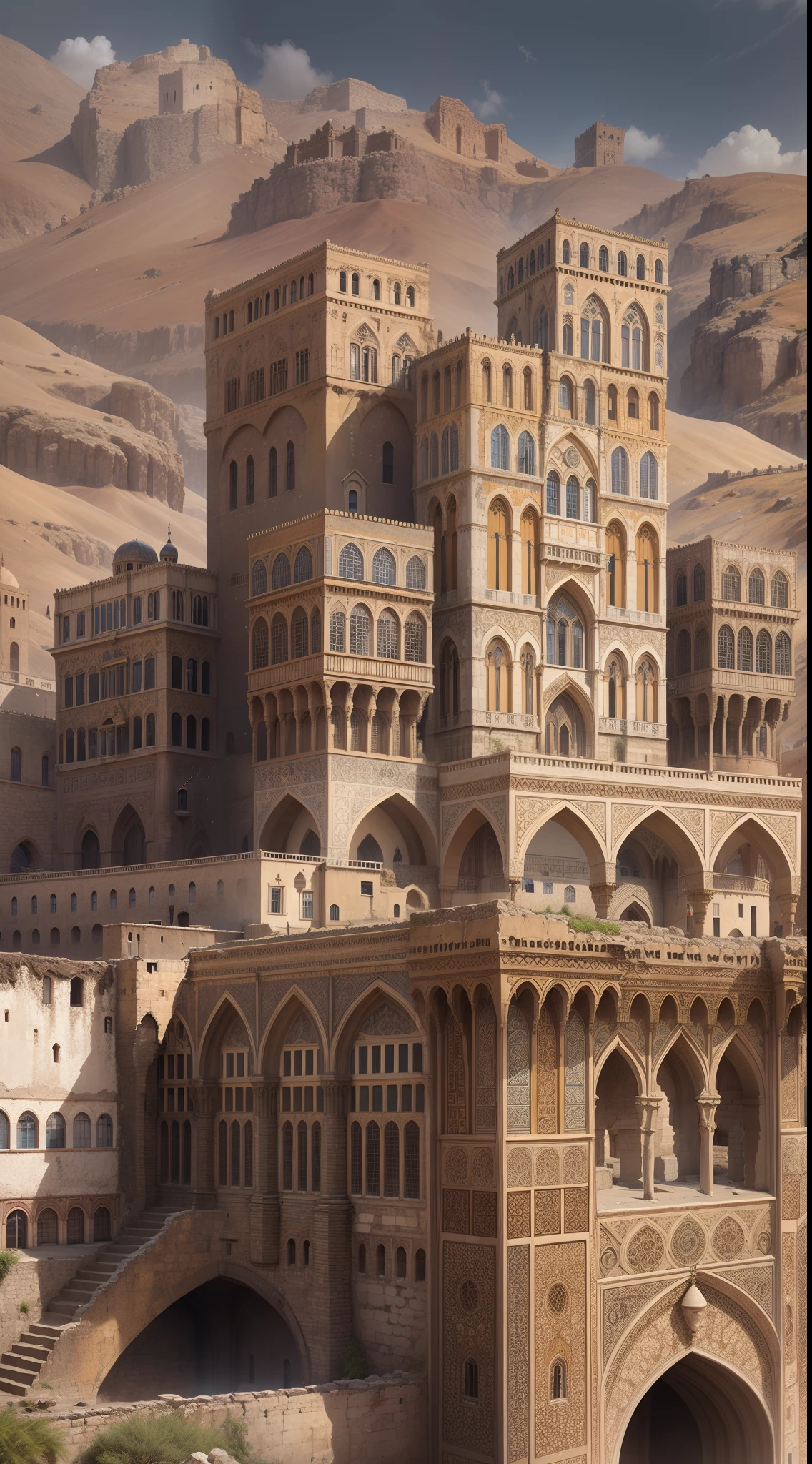 Old Sana'a Yemen, a realistic building , Castle, Palace, Stone