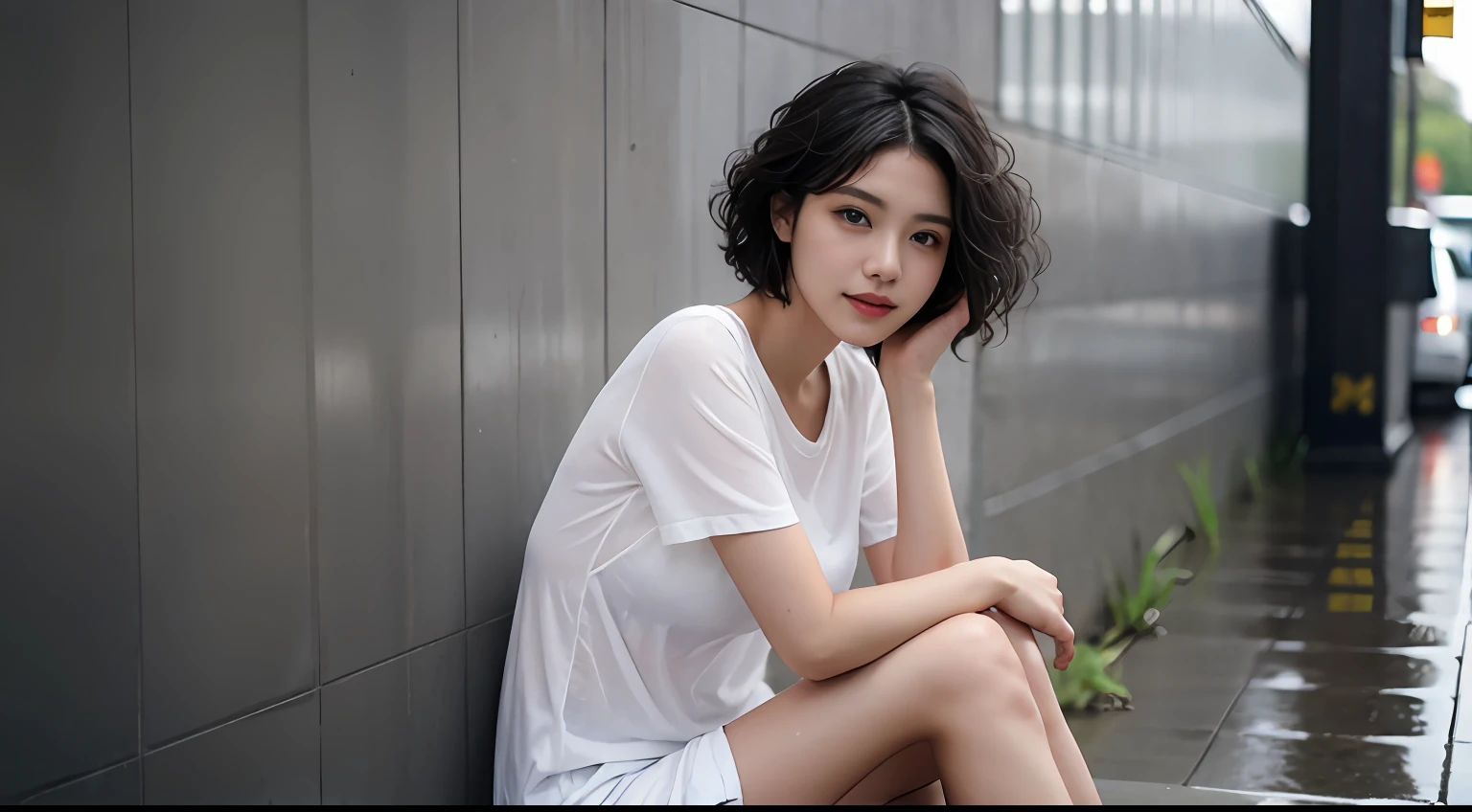 A woman sits against a wall and poses for a photo、wet tshirt、denim short、In the rain,canon 6d,full bodyesbian,perfect bodies,nabel,real photograph,detail-rich,Short curly hair,bobo head,HD imaging
