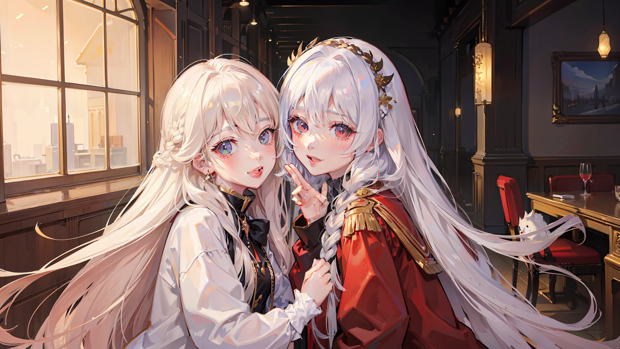 Need,tmasterpiece,whaite hair,Golden eyes,Manteau blanc,Look up,The upper part of the body,Hairline,Fair skin,SideBraid，((top-quality、8K、Manhwa Style:1.4、tmasterpiece、Look at each other、Be red in the face、sweet))、back Lighting、Beautiful girls、Ultra-delicate skin、A detailed eye、A smile、Slightly open mouth、Look at each other、is shy、Be red in the face、sweet、couple