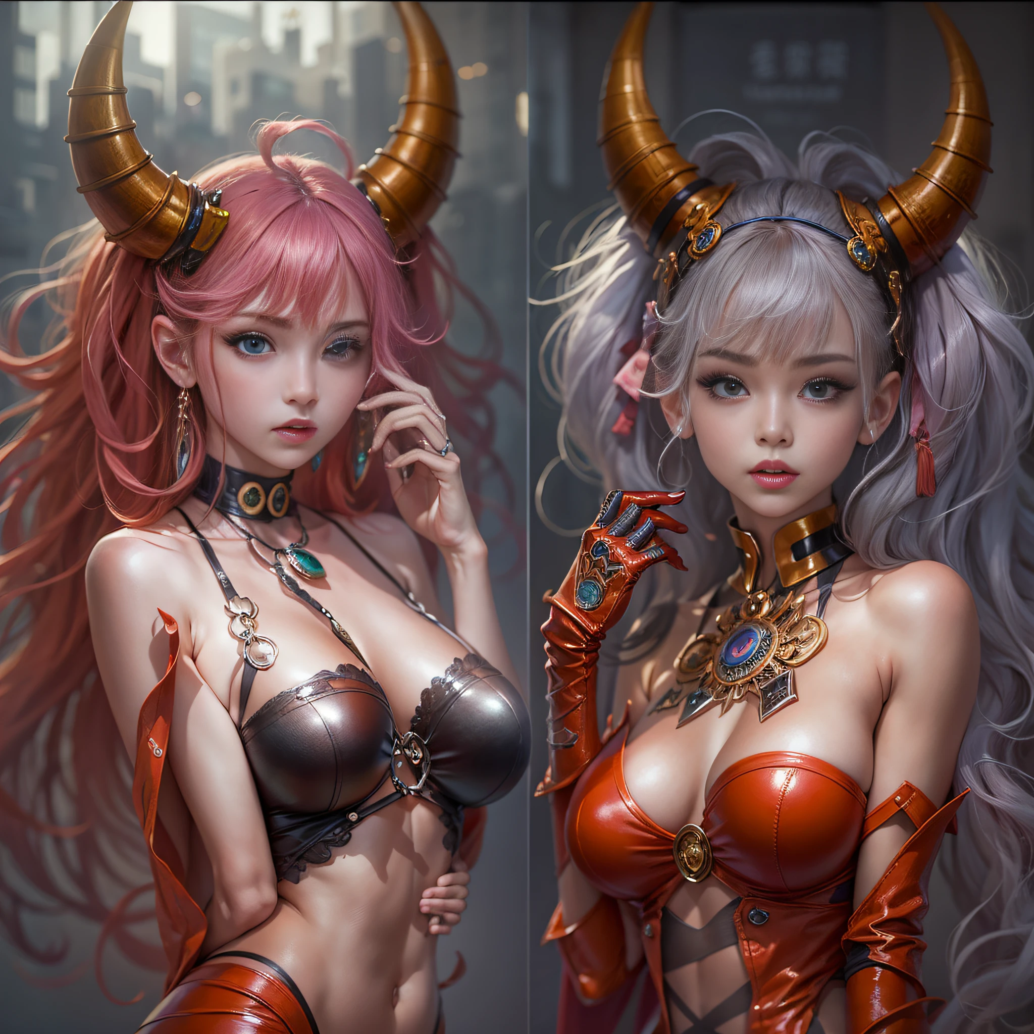 ((​masterpiece:1.4)、(top-quality:1.4)、(reallistic:1.7))、Dirty pair、Sexy duo、Super sexy daughter、Super beautiful girl、((2girls:1.4))、Shiny natural skin texture、Glossy luxury latex、Luxury Latex Bodysuit、By Luis Royo、age19、Super Ultra Ultra Bikini、(Two arms:1.4、Two legs:1.4)、(perfect anatomia:1.4)、(Perfect female body:1.4)、Portrait photo of a girl、Soft front light、beautiful countenance、kawaii faces、Beautiful udder、Beautiful ass、A detailed eye、Draw eyes clearly and beautifully、beautidful eyes、Narrow waist、Raw photo、red-lips、Red boots、a choker、a necklace、耳Nipple Ring、1 screen display、City of the Future