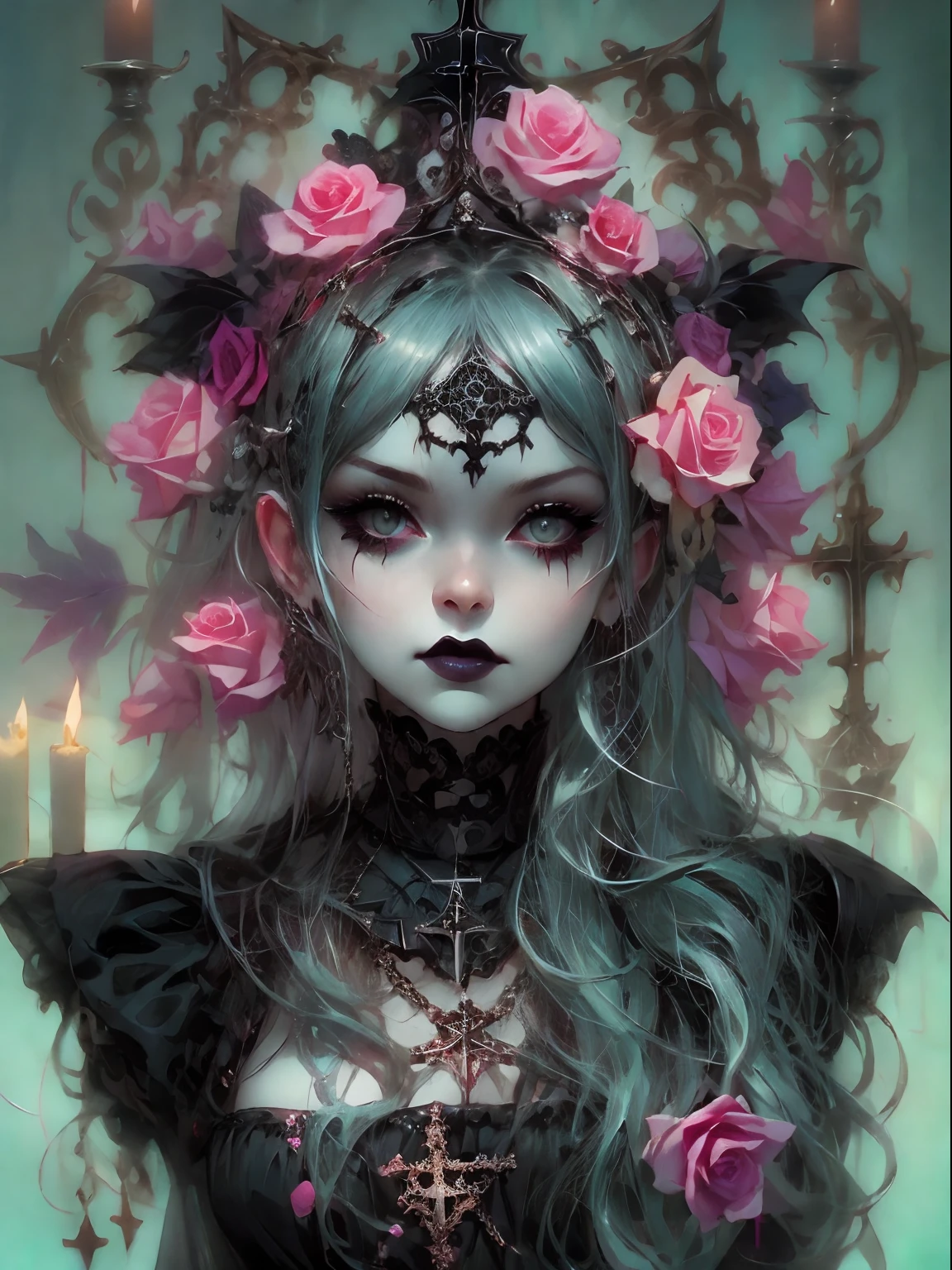 HighestQuali，tmasterpiece：1.2，Detailed details，1 Gothic girl，Black victorian dress，Gorgeous headdress，Bust，Rose flower，crosses，silver ornaments 、redheadwear、colorful hair with victorian updo hairstyle 、updo hairstyle, paleskin、Black lipstick and eye shadow，Accessories include the Cross Medal，Pentagram，crosses，cloaks，shawl，Sexy，chies，a lit candle, full body image