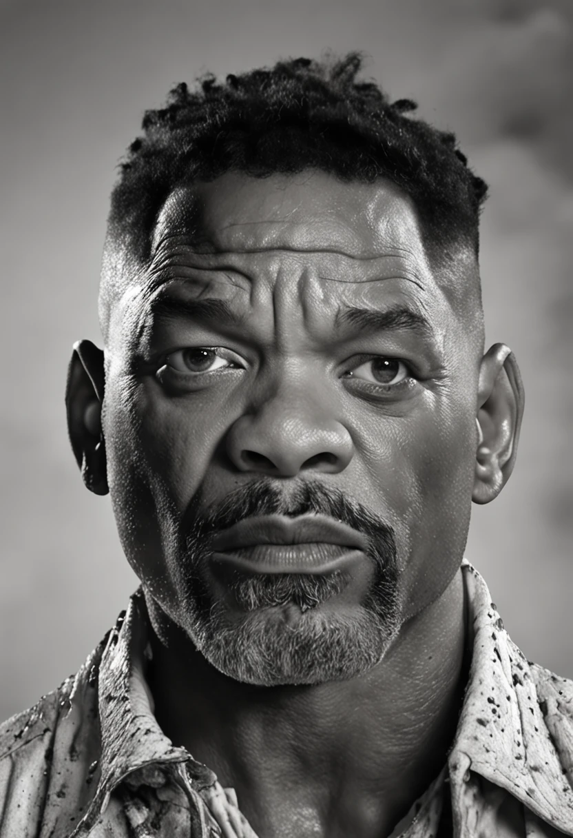 uma foto de Will Smith focada no rosto, 27 anos, perfil, olhos serrado, imagem real. ultra realista, 8k, mega realista, fundo escuro, angry expression, chuva, eyes full of tears, chorando, ultra real, qualidade de cinema, realidade humana, fundo escuro, choro