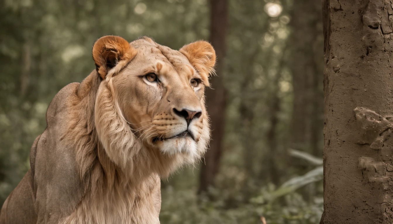 Create the image of a lion walking through the jungle