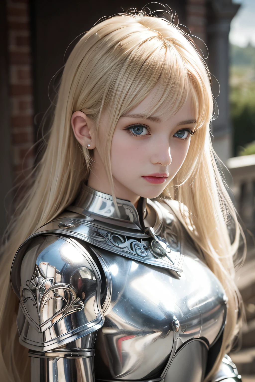 bright expression、poneyTail、Young shiny shiny white shiny skin、Best Looks、Blonde reflected light、Platinum blonde hair with dazzling highlights、shiny light hair,、Super long silky straight hair、Beautiful bangs that shine、Glowing crystal clear attractive big blue eyes、Very beautiful nice cute girl、Lush bust,Beautiful detailed eyes, beautiful detailed nose,(( Full body:1.25)),Makeup that the eyes emphasize、((Pleated skirt with many folds)),(Women like Joan of Arc)、s Armor、Knights, With a sword and shield,Royal style,Comic style, , Sub-surface scattering, ornate detail, nature backdrop, Hyper-realistic, ((Cinematic)), Dramatic Lighting, masutepiece