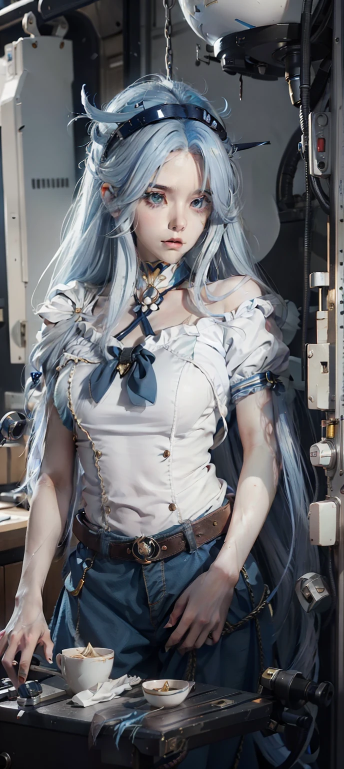 Close-up of a man with long blue hair in a sailor's costume, an anime drawing inspired by Rei Kamoi, trending on pixiv, tachisme, Anime girl cosplay, Anime girl in real life, long white hair, Perfect white haired girl, She has a cute face, anime-inspired, She has milky white skin!!!, as an anime character,Super big breasts,exposed