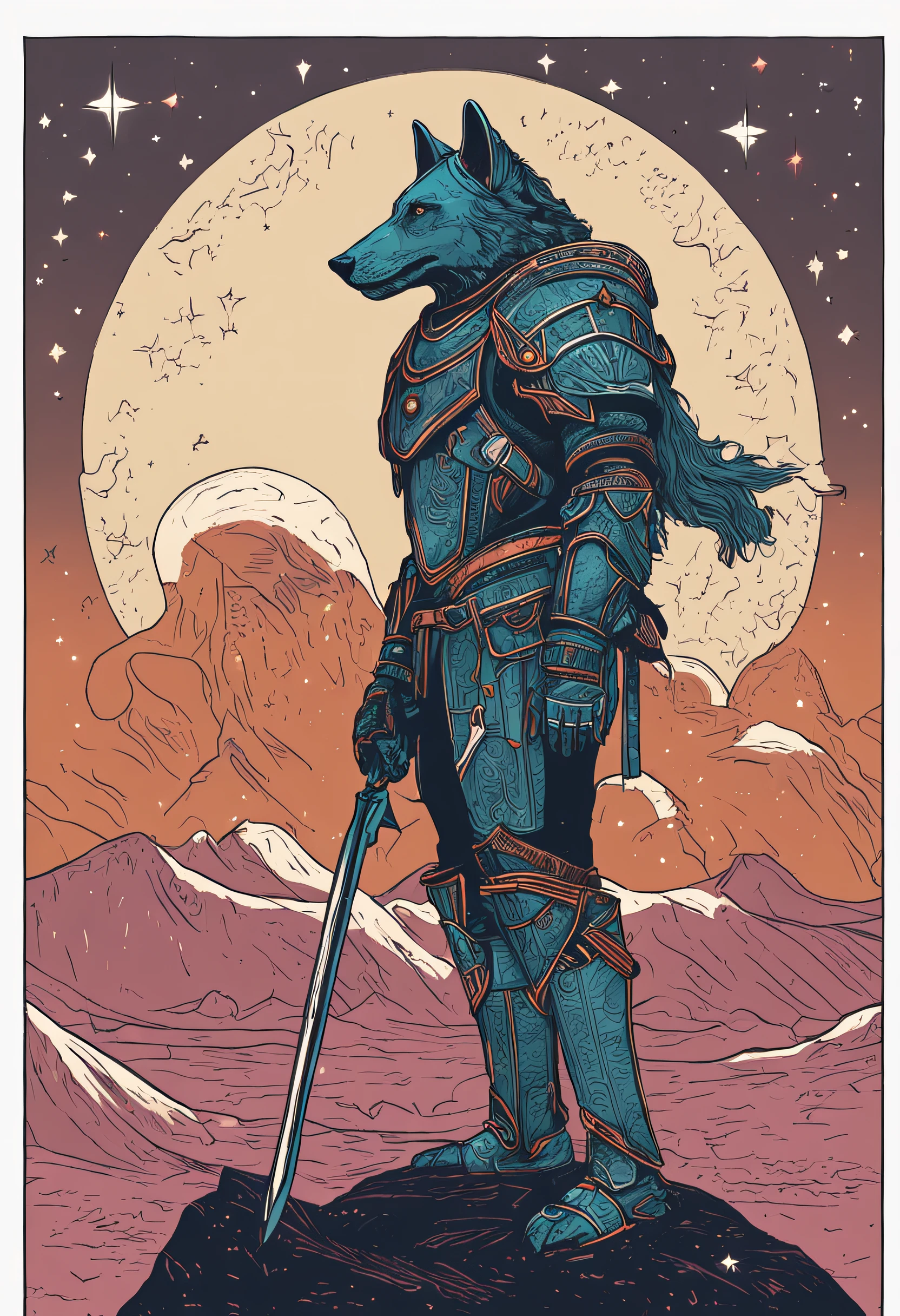 A lone wolf in armor on a starry night