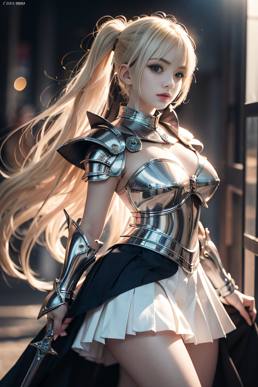 bright expression、poneyTail、Young shiny shiny white shiny skin、Best Looks、Blonde reflected light、Platinum blonde hair with dazzling highlights、shiny light hair,、Super long silky straight hair、Beautiful bangs that shine、Glowing crystal clear attractive big blue eyes、Very beautiful nice cute  girl、Lush bust,Beautiful detailed eyes, beautiful detailed nose,(( Full body:1.25)),Makeup that the eyes emphasize、((Pleated skirt with many folds)),(Women like Joan of Arc)、s Armor、Knights, With a sword and shield，Royal style，Comic style, , Sub-surface scattering, ornate detail, nature backdrop, Hyper-realistic, ((Cinematic)), Dramatic Lighting, masutepiece
