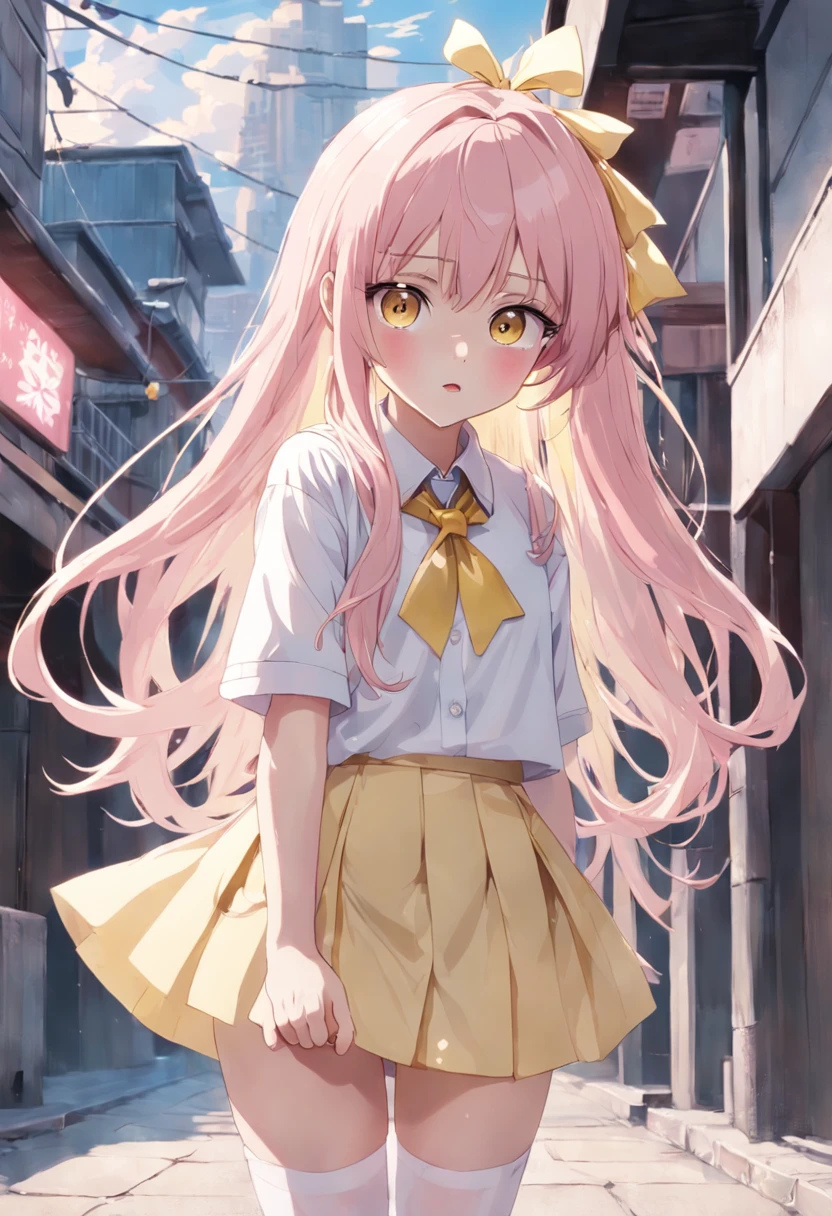 Gentle beautiful gorgeous wonderful teen girl, Tall girl, Pastel pink long hair, pastel yellow big eyes, Lovely look, Slightly blushing, Wearing plain white shirt, with light yellow tie bow, and light pink, skirt Wears long white knee socks, and black school shoes, has Really light skin, long eyelashes, Wearing few white basic hairclips in her hair, wear gold bracelets, hot shaped body, Oshi no ko style and white background