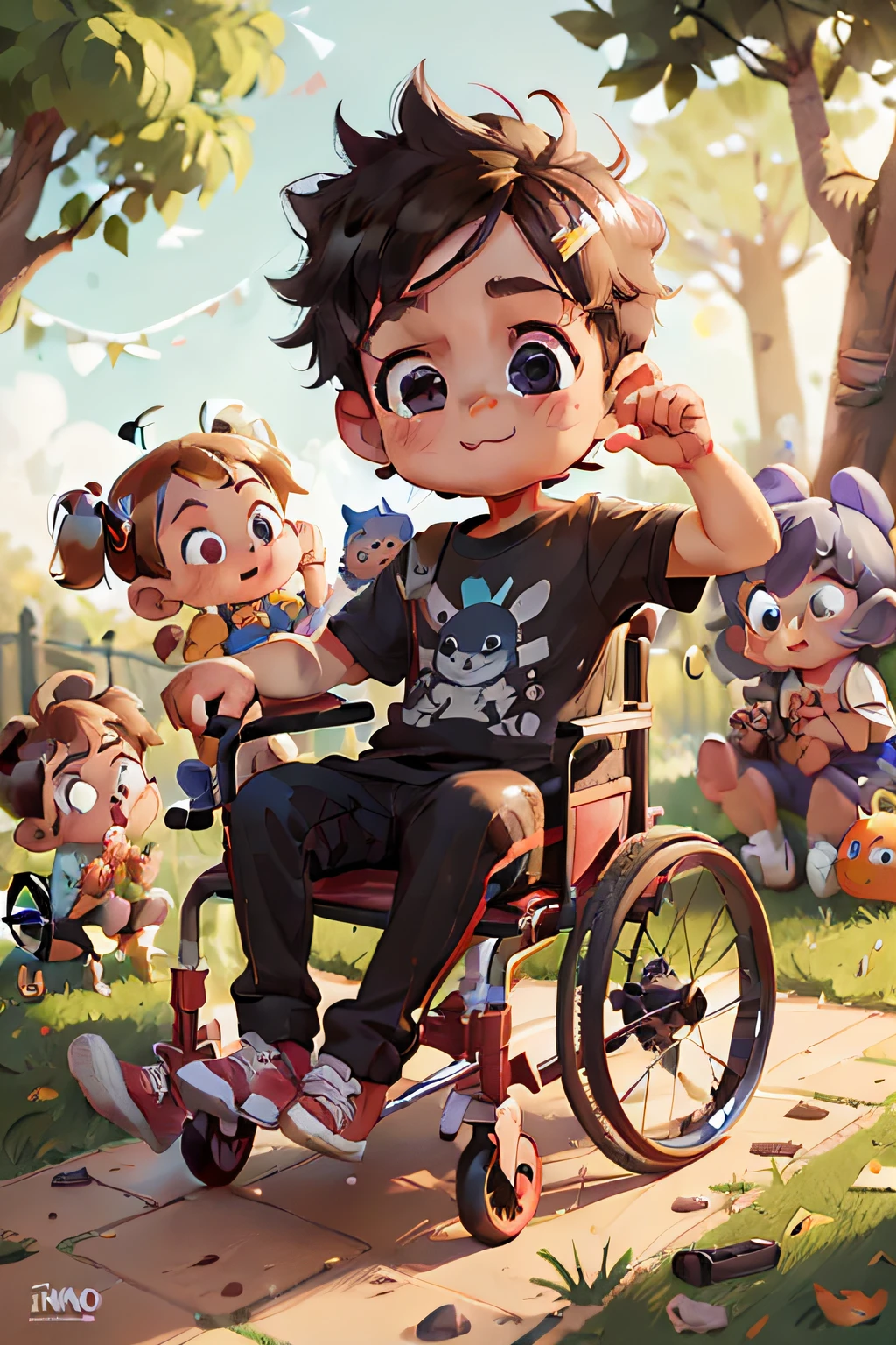Super cute boy in wheelchair full body, playing with 3 littleds, playing with colors, 3D image, 3D de corpo inteiro, 1pc, bons olhos olhando, olhos grandes, fofo, Feliz, c4d, pop matt caixa cega, cabelo preto curto, in the park