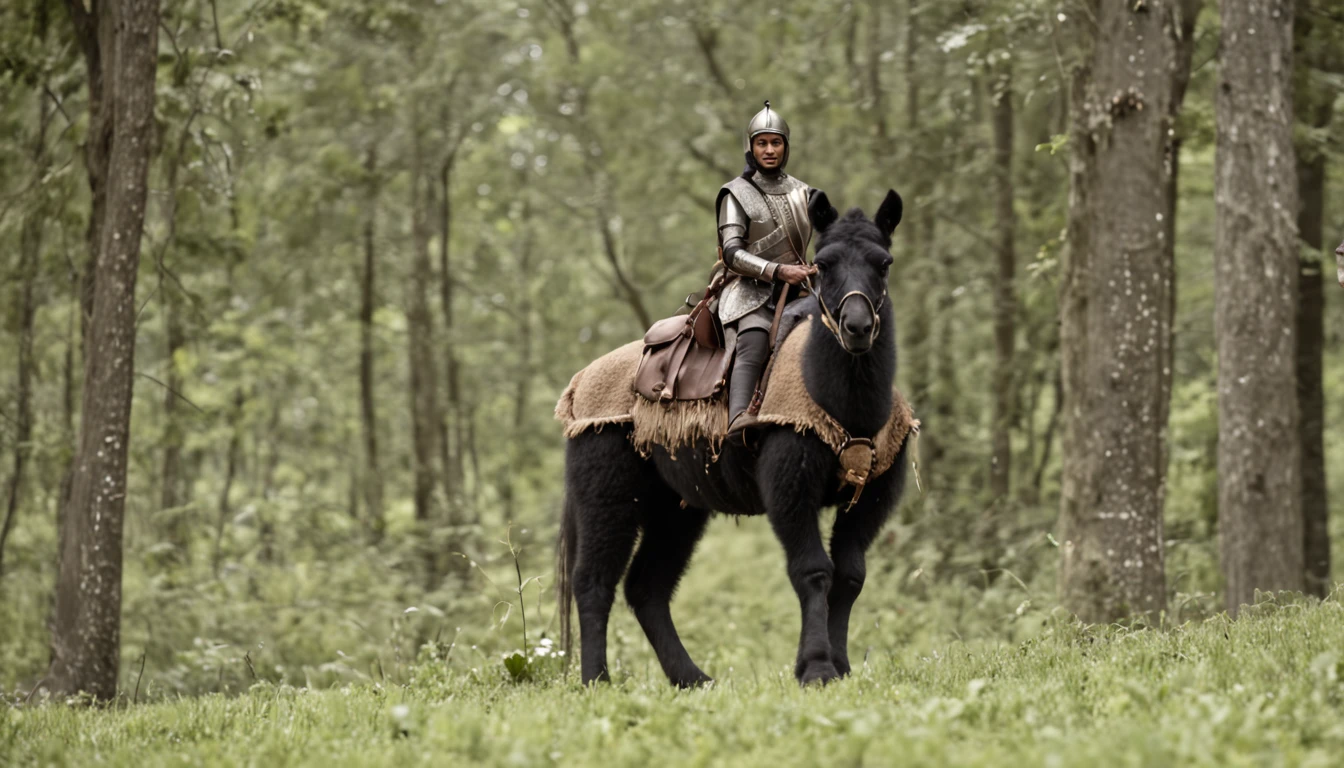 cria a imagem de um guerreiro com armadura de cor azul e preto cavalgando em cima de uma cavalo de cor negra e olhos azuis
