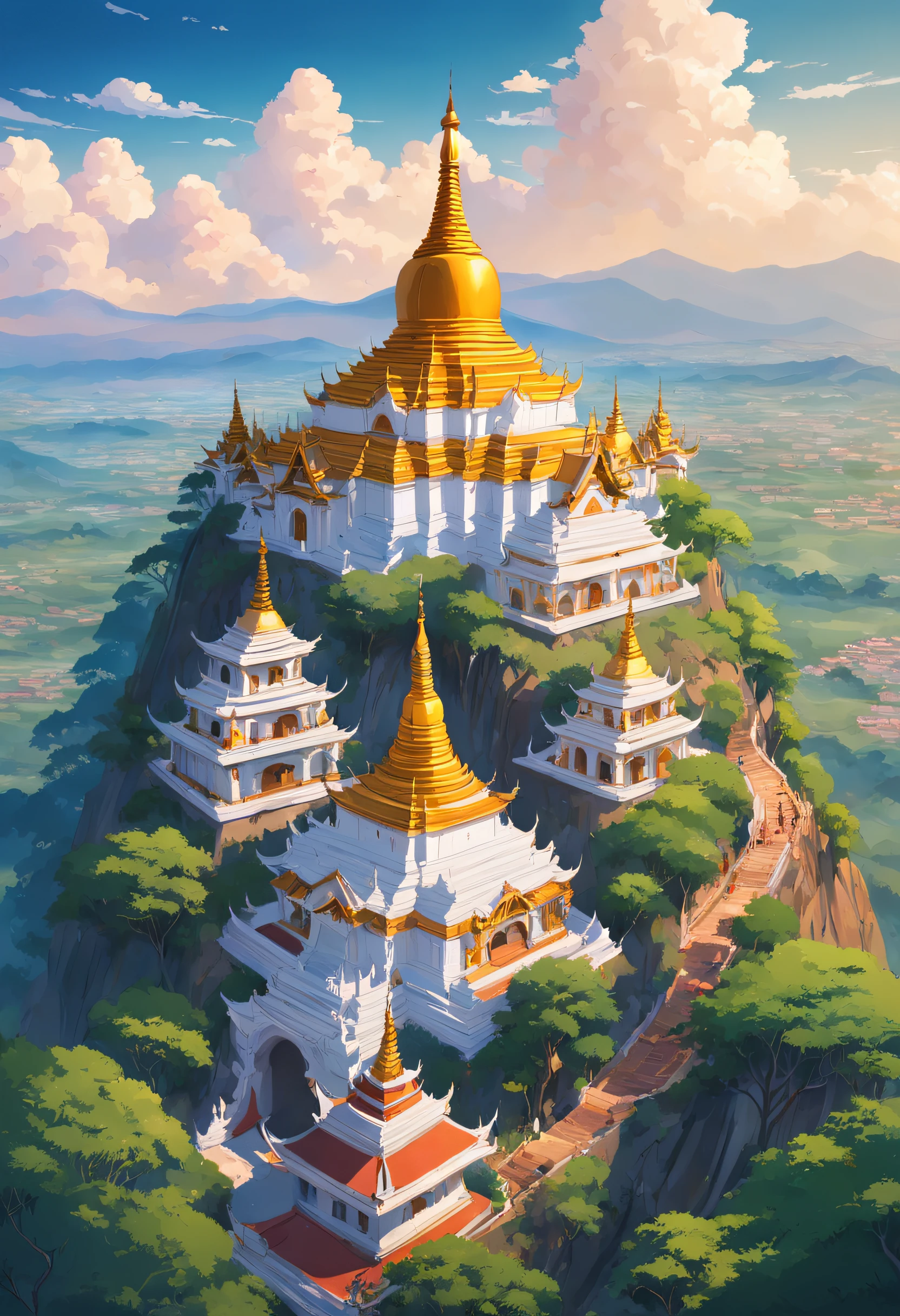 landscape of Myanmar, white pagoda and monastery on the hill, intricate image