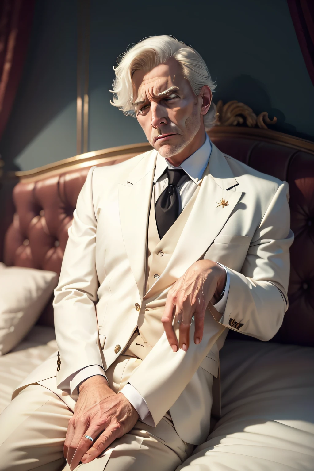 a rich sad white man in pain, sitting in bed, whearing formal clothes