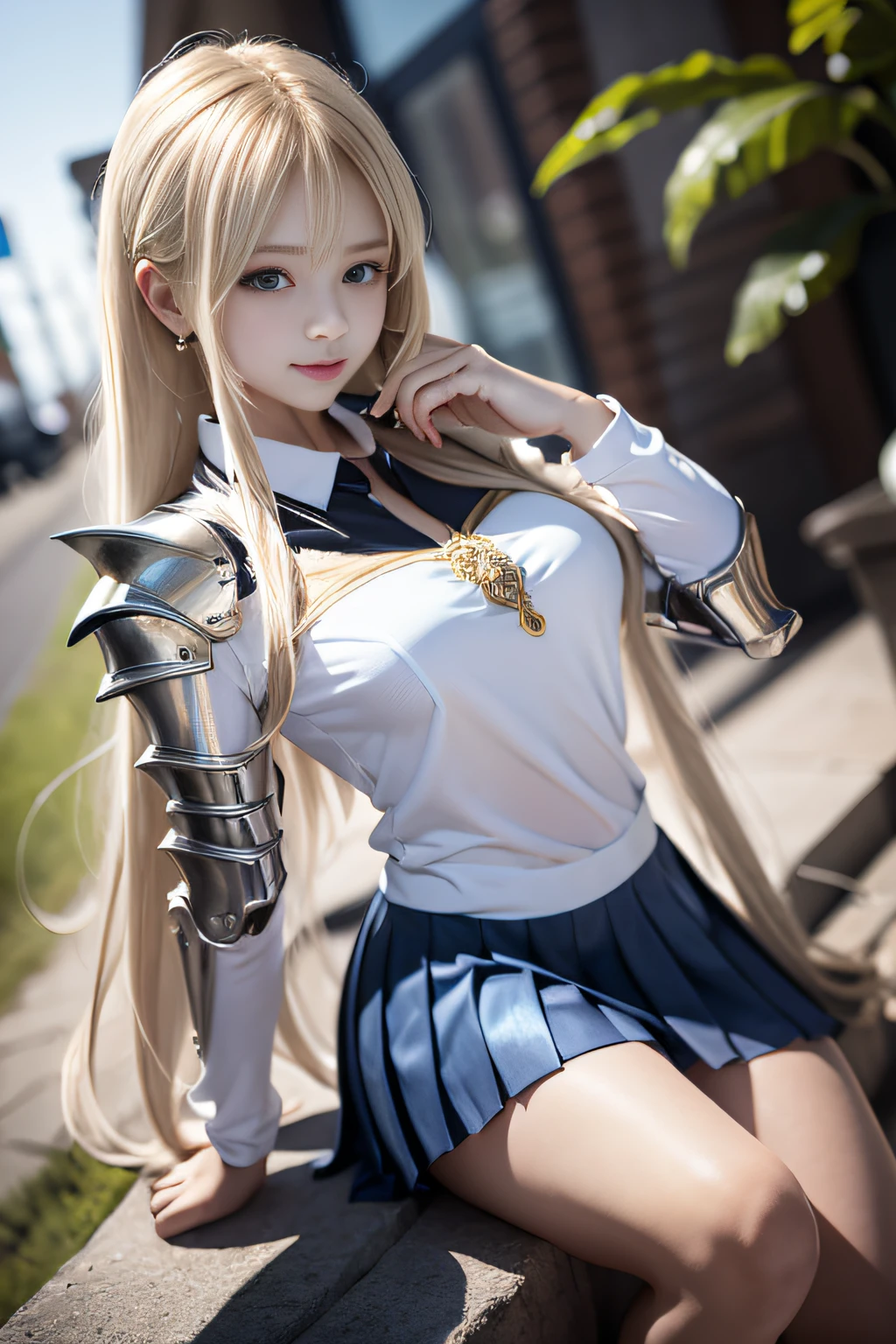 bright expression、poneyTail、Young shiny shiny white shiny skin、Best Looks、Blonde reflected light、Platinum blonde hair with dazzling highlights、shiny light hair,、Super long silky straight hair、Beautiful bangs that shine、Glowing crystal clear attractive big blue eyes、Very beautiful nice cute 16 year old girl、Lush bust,Beautiful detailed eyes, beautiful detailed nose,(( Full body:1.25)),Makeup that the eyes emphasize、((Pleated skirt with many folds)),(Women like Joan of Arc)、s Armor、Knights, With a sword and shield,Royal style,Comic style, , Sub-surface scattering, ornate detail, nature backdrop, Hyper-realistic, Cinematic, Dramatic Lighting, masutepiece