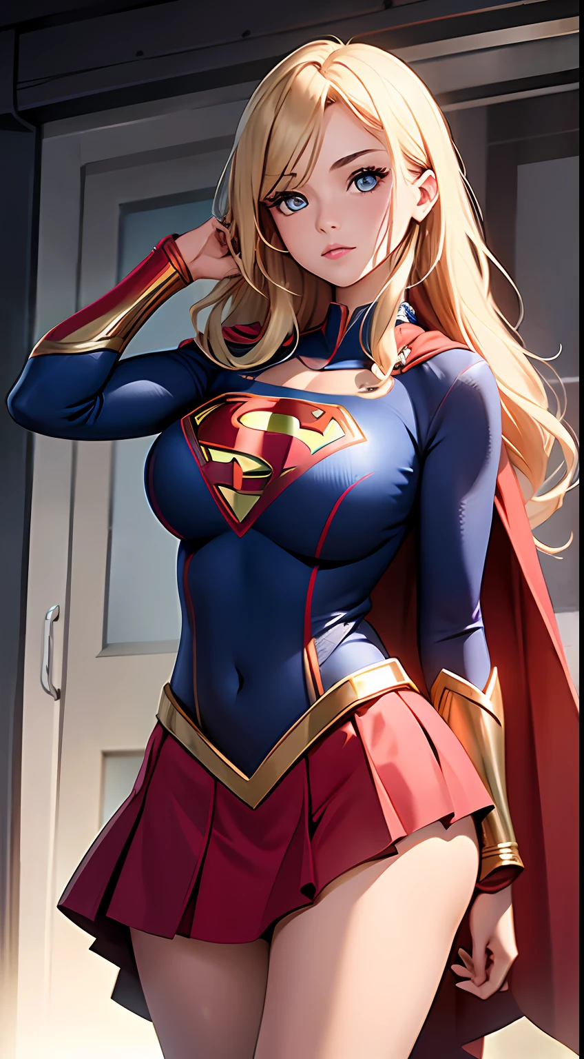 (best quality, detailed backgrounds, Depth of field, Volumetric lighting, sharp focus, absurdrez, ultra detali),1 beautiful blonde woman with long hair wearing Supergirl uniform