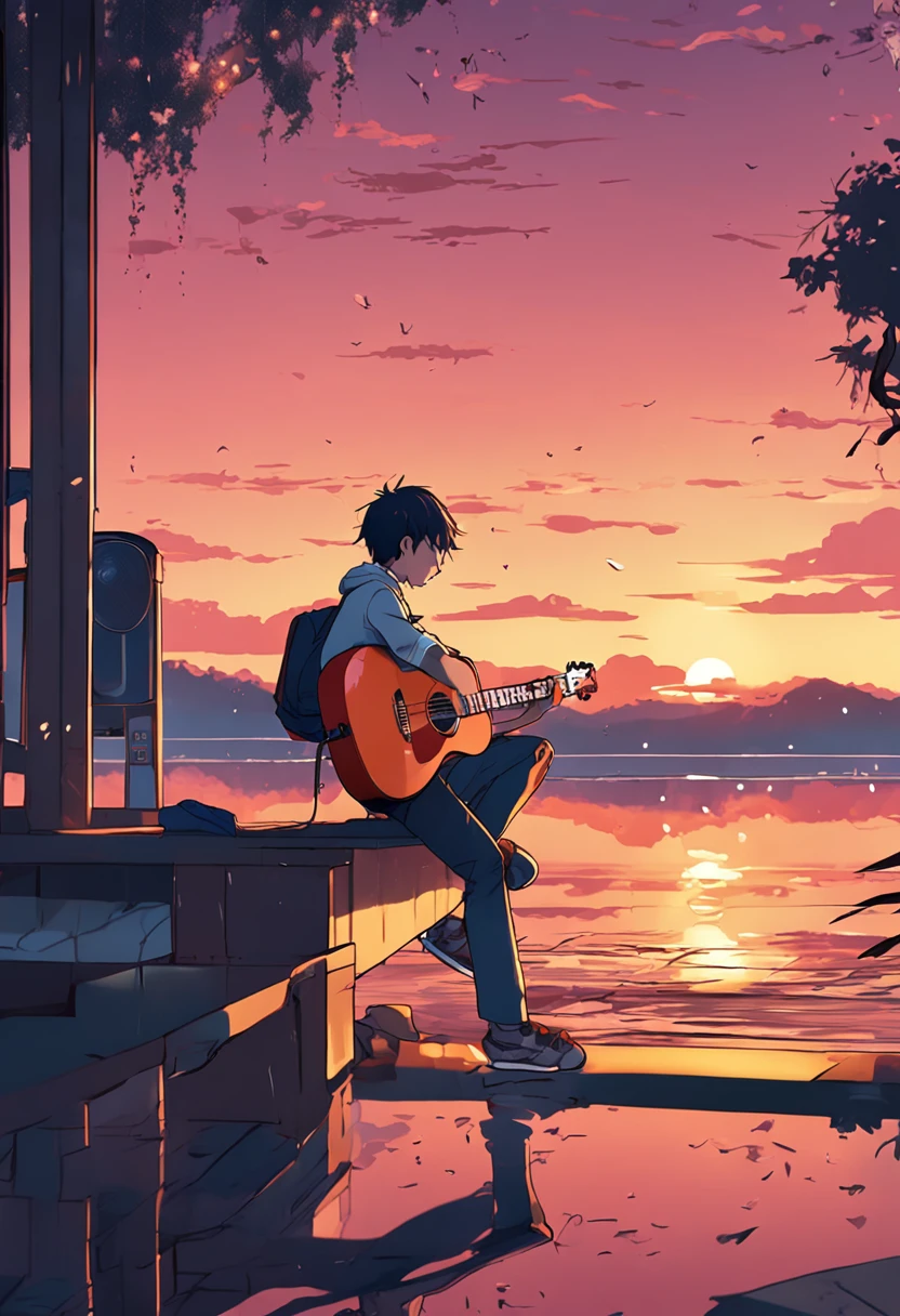 Anime boy sitting on a ledge playing a guitar at sunset, Anime Art Wallpaper 8K, Anime Art Wallpaper 4K, Anime Art Wallpaper 4K, anime style 4K, Anime wallpaper 4k, Anime wallpapers 4k, Anime Wallpaper 4k, Wallpaper manga 4K wallpaper, Makoto Shinkai Cirilo Rolando, The girl plays the guitar, lofi girl