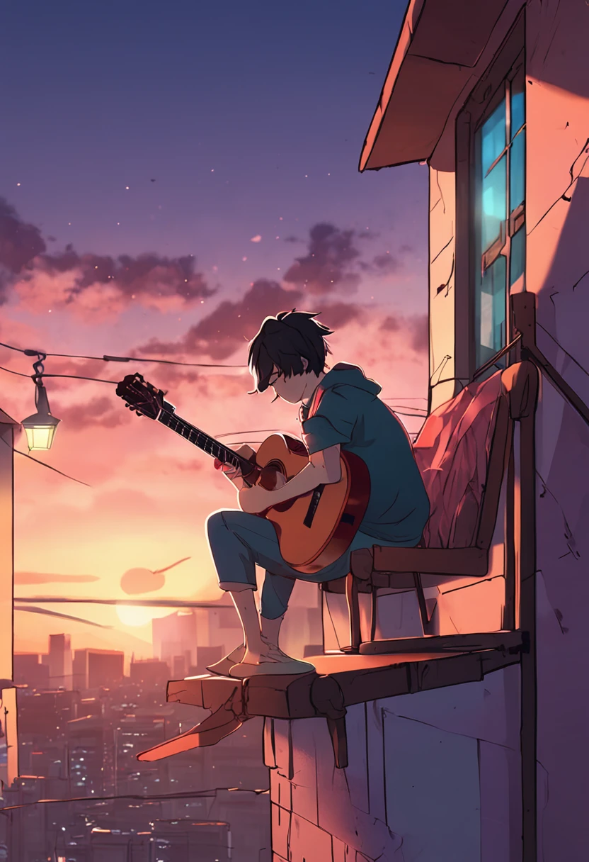 Anime boy sitting on a ledge playing a guitar at sunset, Anime Art Wallpaper 8K, Anime Art Wallpaper 4K, Anime Art Wallpaper 4K, anime style 4K, Anime wallpaper 4k, Anime wallpapers 4k, Anime Wallpaper 4k, Wallpaper manga 4K wallpaper, Makoto Shinkai Cirilo Rolando, The girl plays the guitar, lofi girl