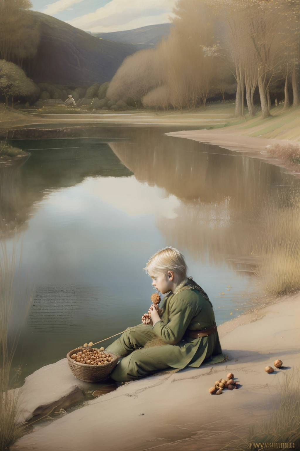 (((Pre-Raphaelite painting of a blond-haired Celtic boy eats hazelnuts by a lake, Avleiras, paisagem celta)))
