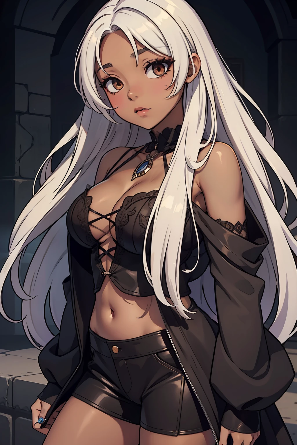 brown skin, anime girl, fully body, chubby, gothic, dark brown skin, short, revealing clothes, long white hair, brown eyes, portrait, tan skin
