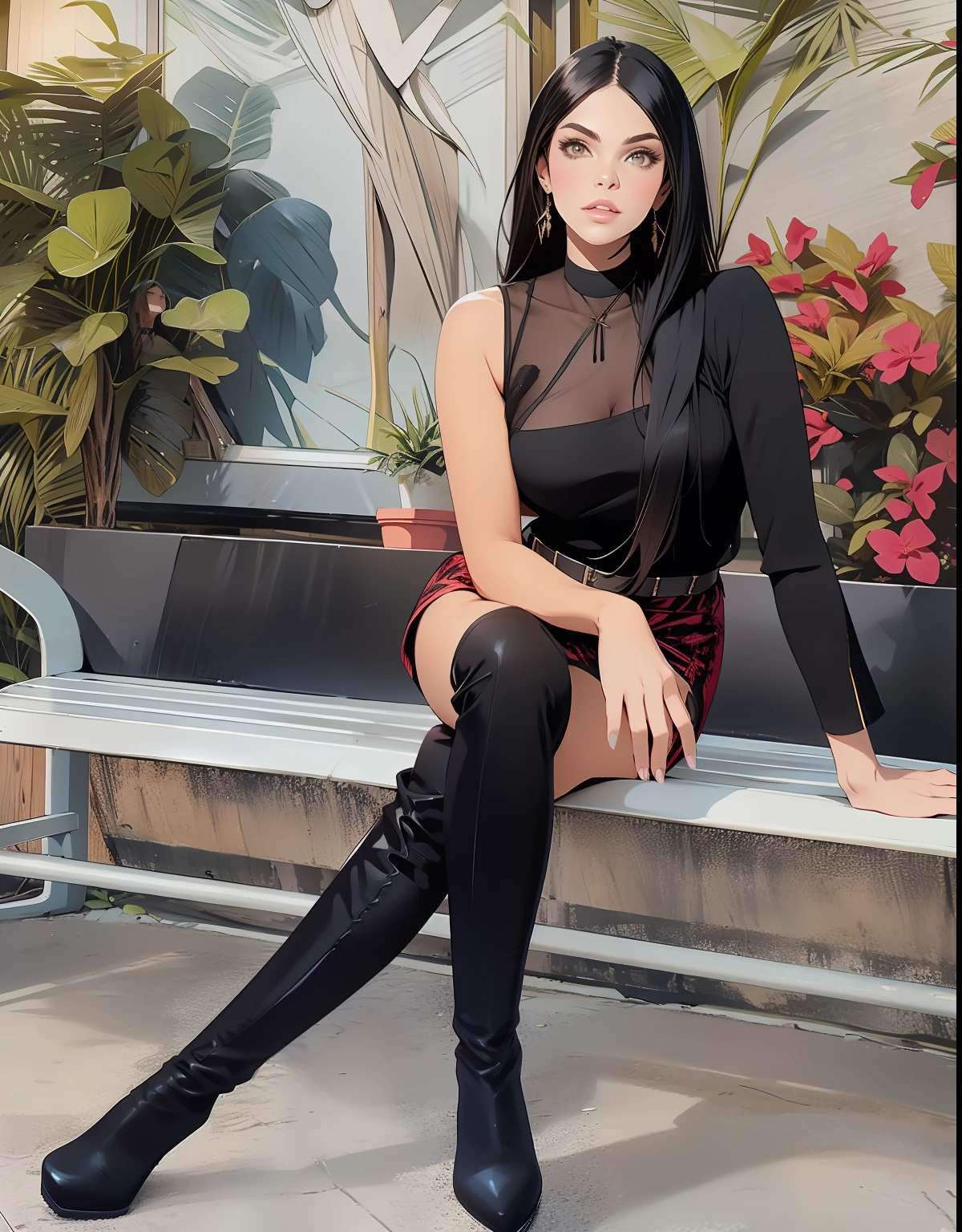 araffe sitting on a bench with a plant in the background, lorena avarez, violet myers, portrait of sherlyn chopra, alanis guillen, profile image, 30-year-old woman from cuba, high boots, over-knee boots, alina ivanchenko, black outfit, female with long black hair, wearing a camisole and boots