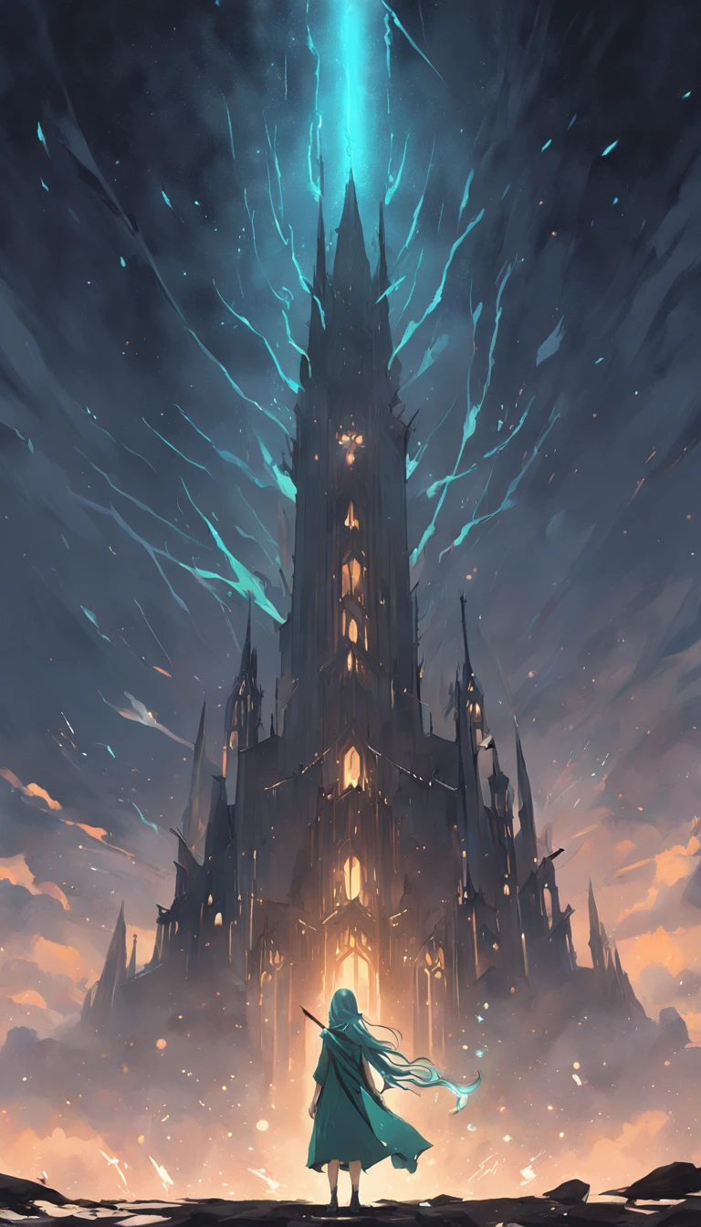uma Deusa Elfa, corpo inteiro, olhando para o espectador, symmetr, olhar misterioso e malicioso, luzes de velas ao fundo da imagem, a tower in the elven style in the background, storm sky, horror, AURA LUMINOSA, contos de fadas russos, leve sorriso, artstation, Tolkien, bruxaria, Despertar espiritual, detalhes intrincados, cosmico, Ethereal, mistic, Ambiente complicado, Pinceladas, luzes iluminantes, Greg Rutkowski, RHADS, bipe, Makoto Shinkai , Lois van Baarle, Ilya Kuvshinov, Ross, tom bagshaw, Alfonse Mucha, obra-prima, ultra high-resolution, alta qualidade,
