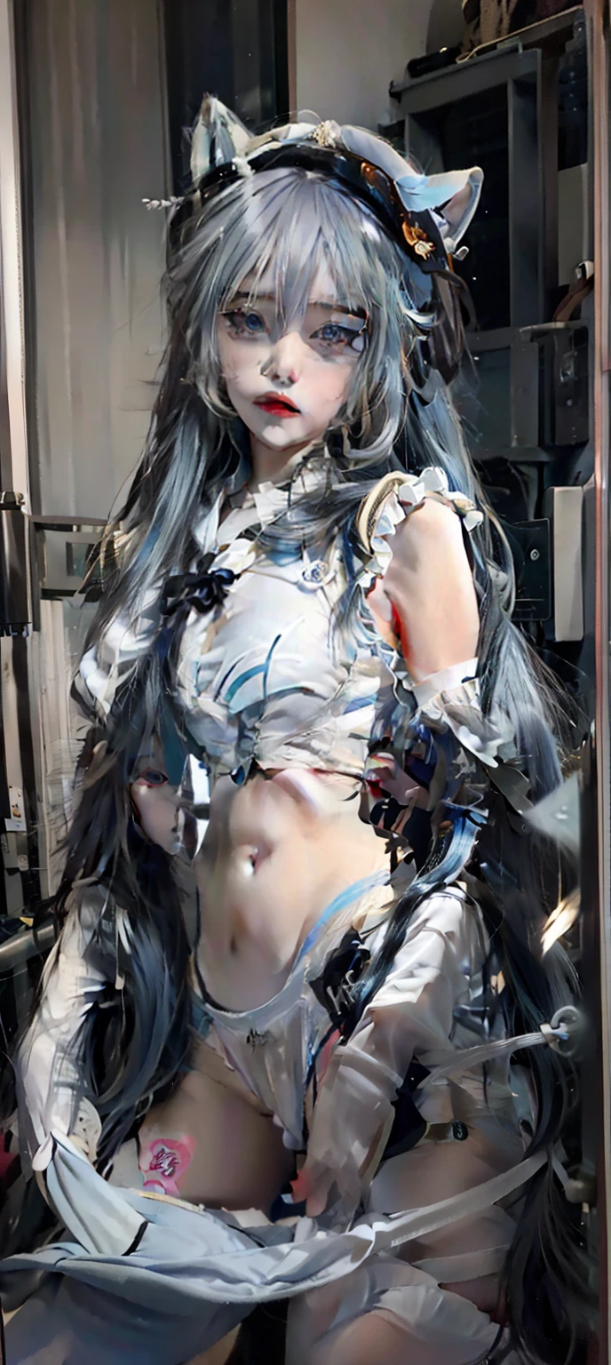 Close-up of a man with long blue hair in a sailor's costume, an anime drawing inspired by Rei Kamoi, trending on pixiv, tachisme, Anime girl cosplay, Anime girl in real life, long white hair, Perfect white haired girl, She has a cute face, anime-inspired, She has milky white skin!!!, as an anime character,Super big breasts,exposed
