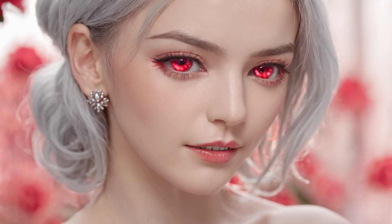 Garden covered with red roses in the background, Silver hair, front ponytail, eyes reflection, red contact lenses, Pink eyes,Heterochromia， Wear earrings, Blue crystal pendant，Evil smile, shairband，High detail, romanticism lain, Depth of field, Sparkle, Ray tracing, viewfinder, zoom layer, Close-up, Bokeh, Anatomically correct, High details, 1080p, hyper HD