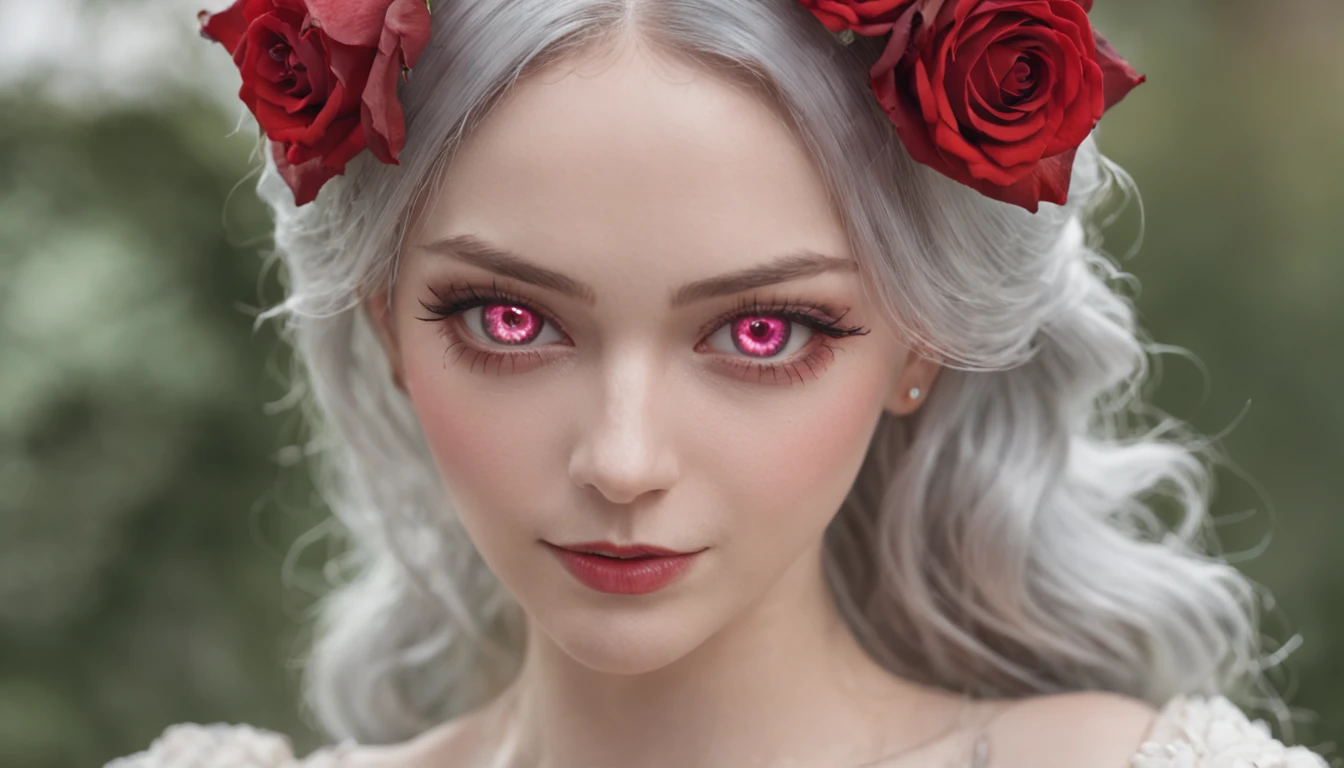Garden covered with red roses in the background, Silver hair, front ponytail, eyes reflection, red contact lenses, Pink eyes,Heterochromia， Wear earrings, Blue crystal pendant，Evil smile, shairband，High detail, romanticism lain, Depth of field, Sparkle, Ray tracing, viewfinder, zoom layer, Close-up, Bokeh, Anatomically correct, High details, 1080p, hyper HD
