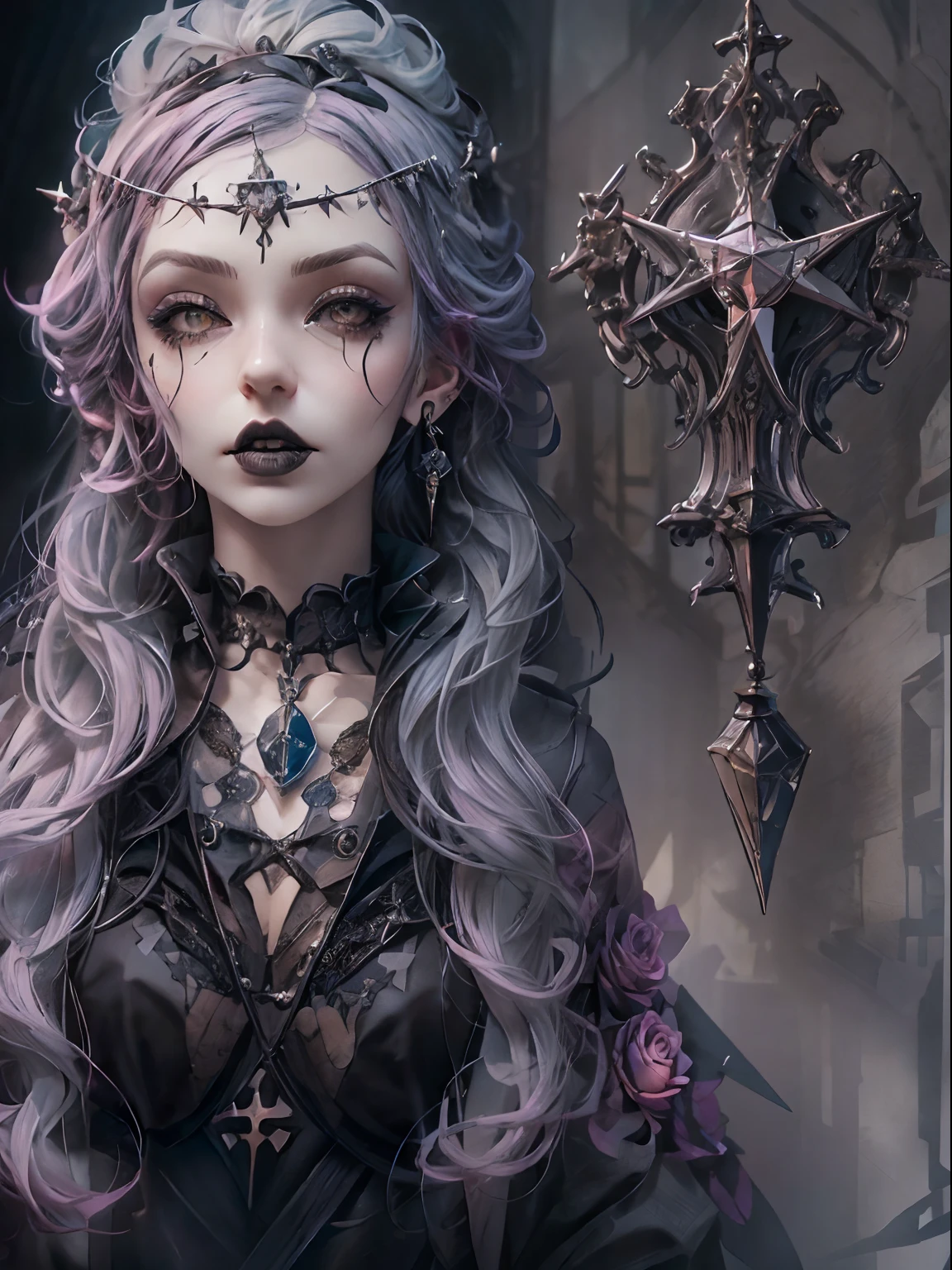 HighestQuali，tmasterpiece：1.2，Detailed details，1 Gothic girl，Black victorian dress，Gorgeous headdress，Bust，Rose flower，crosses，silver ornaments 、redheadwear、colorful hair with victorian updo hairstyle 、paleskin、Black lipstick and eye shadow，Accessories include the Cross Medal，Pentagram，crosses，cloaks，shawl，Sexy，chies，a lit candle, full body image, upper body detailed