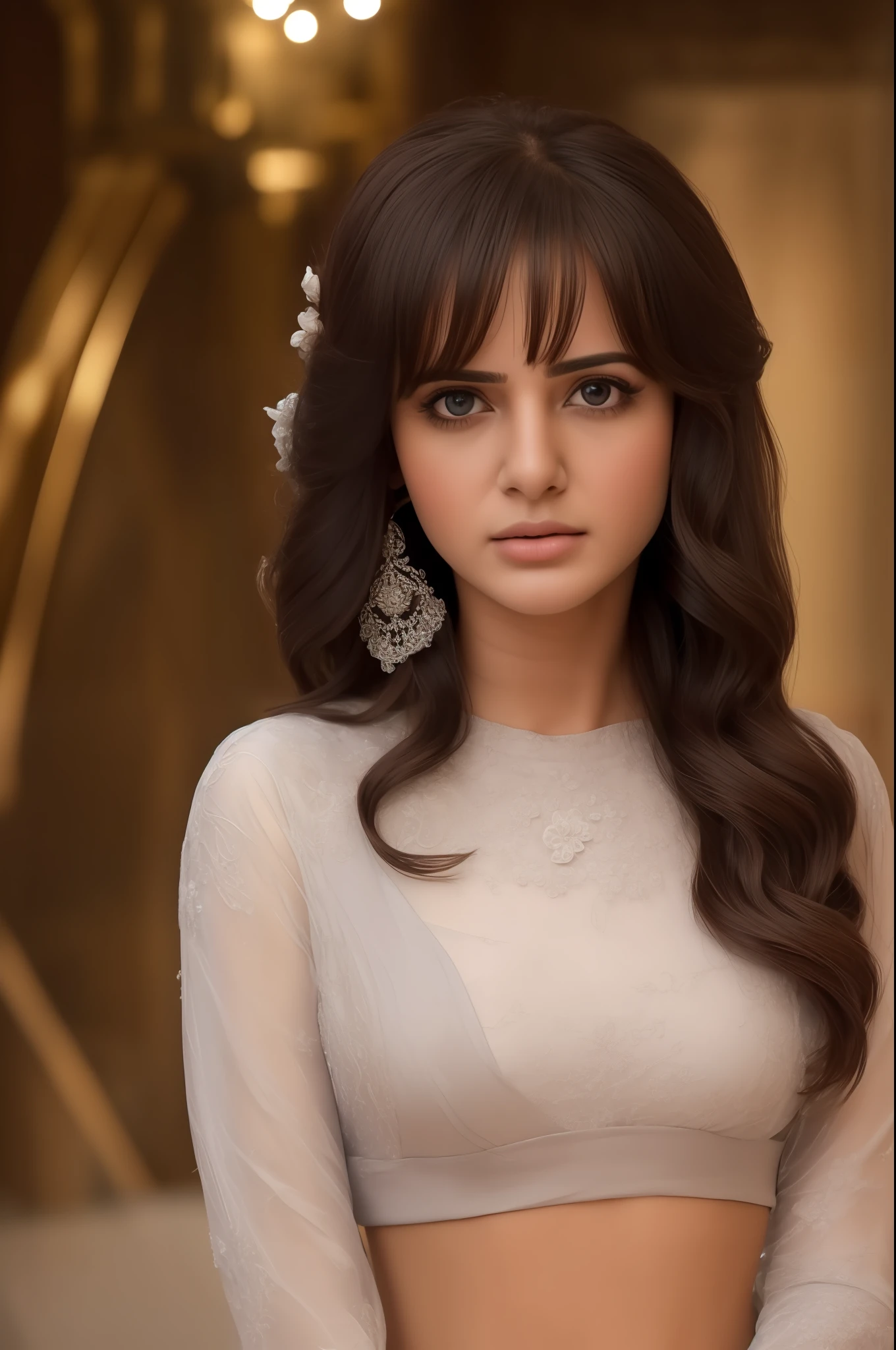 ((masterpiece)),best quality, illustration,{beautiful detailed young Samantha},beautiful detailed glow,(flames of war:1.2),(nuclear explosion behide:1.3),rain,detailed lighting,detailed water,(beautiful detailed eyes:1.1),expressionless,palace,azure hair,disheveled hair,long bangs,hairs between eyes,(whitegrey dress:1.1),black ribbon,white bowties,midriff,big forhead,blank stare,flower,long sleeves