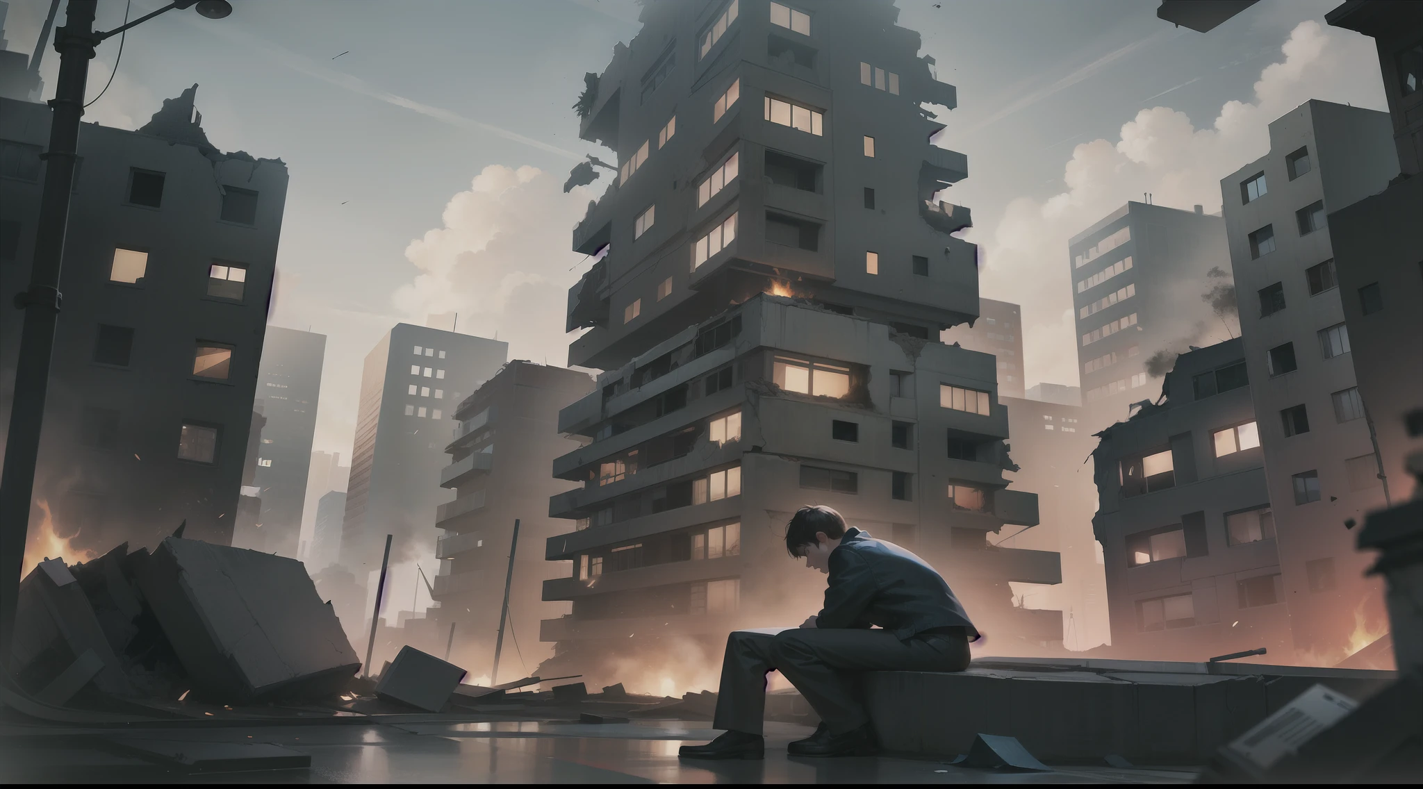 A man sitting on a bench in front of a city with buildings - SeaArt AI