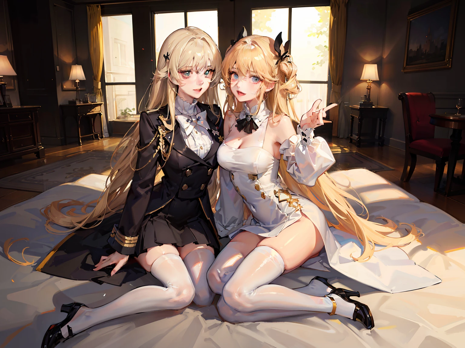 ((highest quality、High resolution))、Portrait、Blonde、Sexy Dress、((Two beautiful girls showing their pussies、No panties))、I&#39;m tempting you、I'm inviting you to have sex