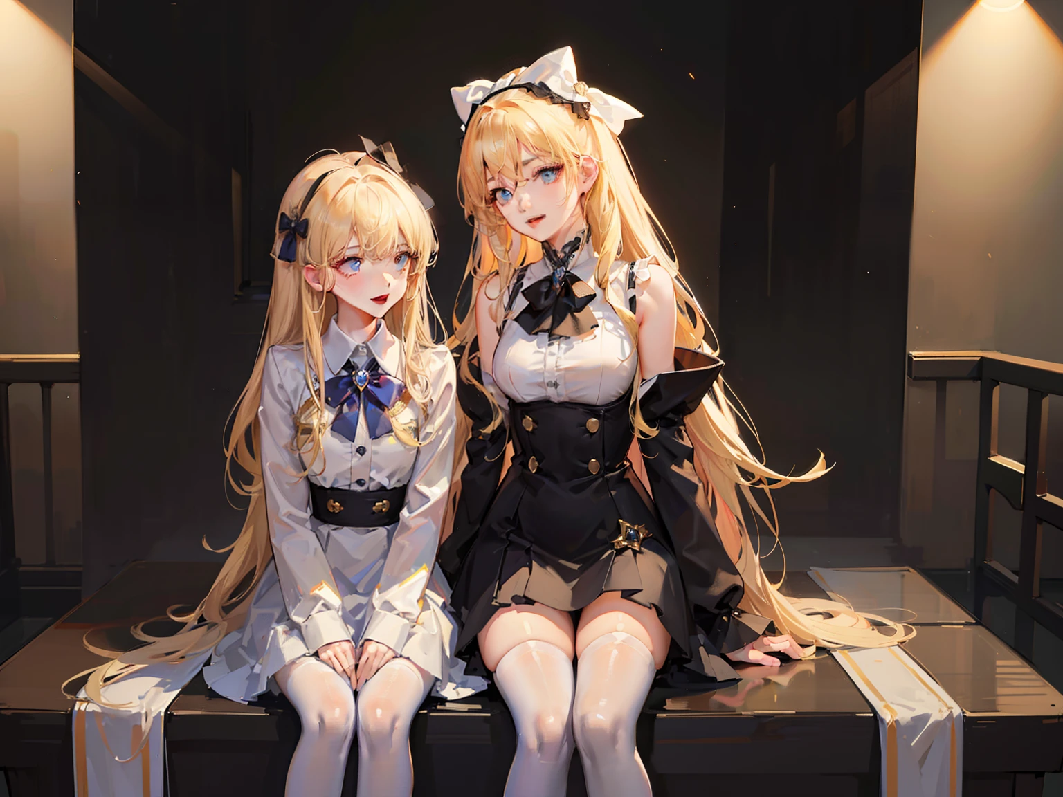 ((top-quality,8K,Manhwa Style:1.4,tmasterpiece,Blonde waist-length curls)),white stockings,White shirt,Black bow,back Lighting,Beautiful girls,18 years old Ultra-delicate skin,A detailed eye,A smile,Slightly open mouth,Look at each other,is shy,Be red in the face,Hazy light and shadow,