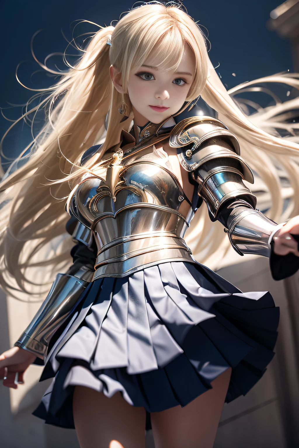 bright expression、poneyTail、Young shiny shiny white shiny skin、Best Looks、Blonde reflected light、Platinum blonde hair with dazzling highlights、shiny light hair,、Super long silky straight hair、Beautiful bangs that shine、Glowing crystal clear attractive big blue eyes、Very beautiful nice cute 16 year old girl、Lush bust,Beautiful detailed eyes, beautiful detailed nose,(( Full body:1.25)),Makeup that the eyes emphasize、((Pleated skirt with many folds)),(Women like Joan of Arc)、s Armor、Knights, With a sword and shield，Royal style，Comic style, , Sub-surface scattering, ornate detail, nature backdrop, Hyper-realistic, Cinematic, Dramatic Lighting, masutepiece、Armor with a wolf motif、((Wolf ears))、Wolf emblem、