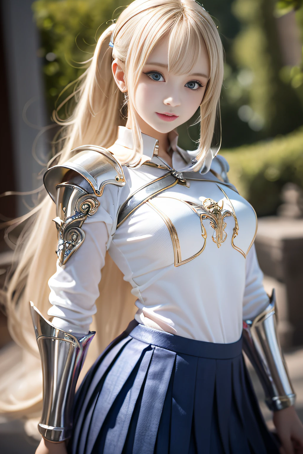 bright expression、poneyTail、Young shiny shiny white shiny skin、Best Looks、Blonde reflected light、Platinum blonde hair with dazzling highlights、shiny light hair,、Super long silky straight hair、Beautiful bangs that shine、Glowing crystal clear attractive big blue eyes、Very beautiful nice cute 16 year old girl、Lush bust,Beautiful detailed eyes, beautiful detailed nose,(( Full body:1.25)),Makeup that the eyes emphasize、((Pleated skirt with many folds)),(Women like Joan of Arc)、s Armor、Knights, With a sword and shield,Royal style,Comic style, , Sub-surface scattering, ornate detail, nature backdrop, Hyper-realistic, Cinematic, Dramatic Lighting, masutepiece