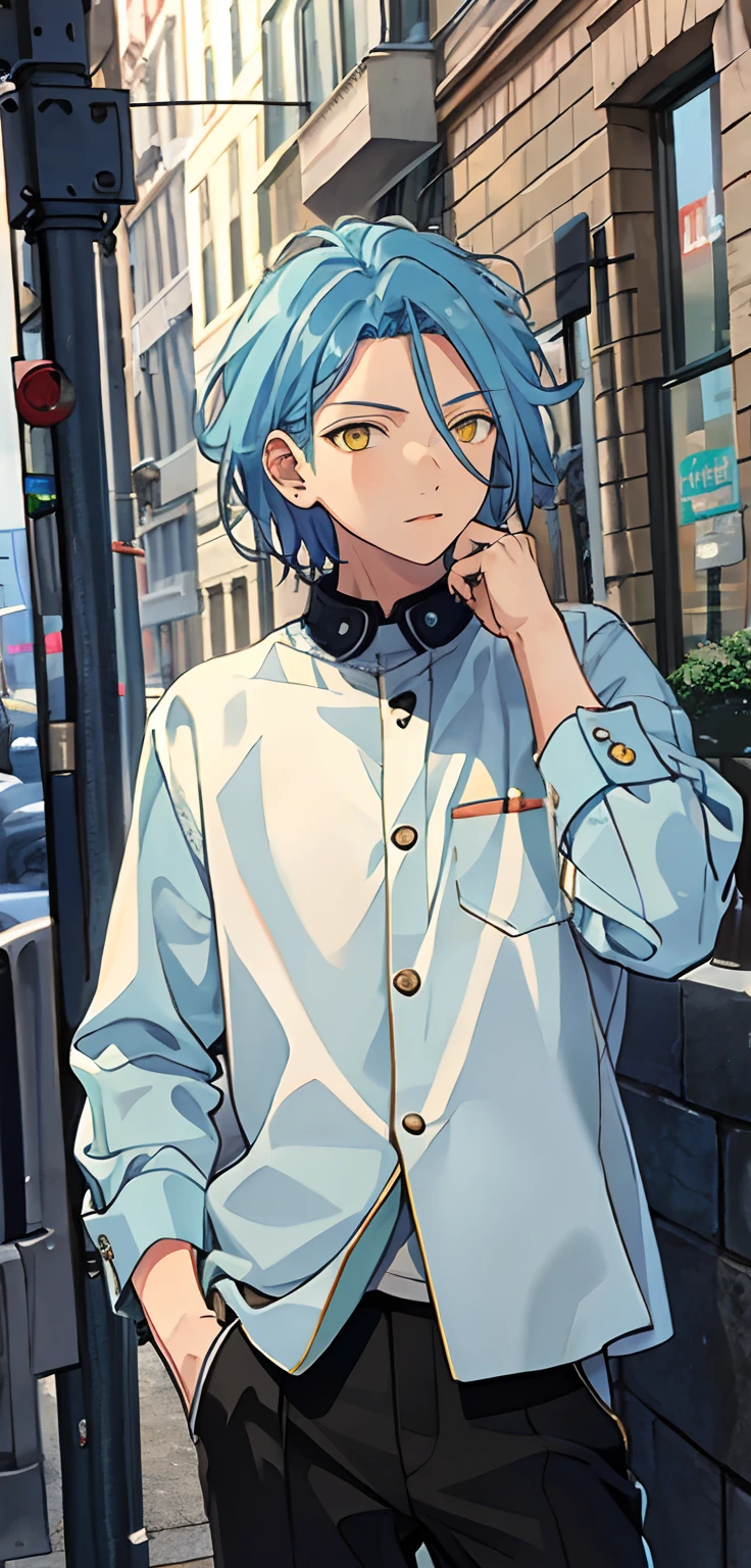 ((masterpiece, best quality)), (1boy), (solo), (male focus), himeru, blue hair, yellow eyes, male, boy,
