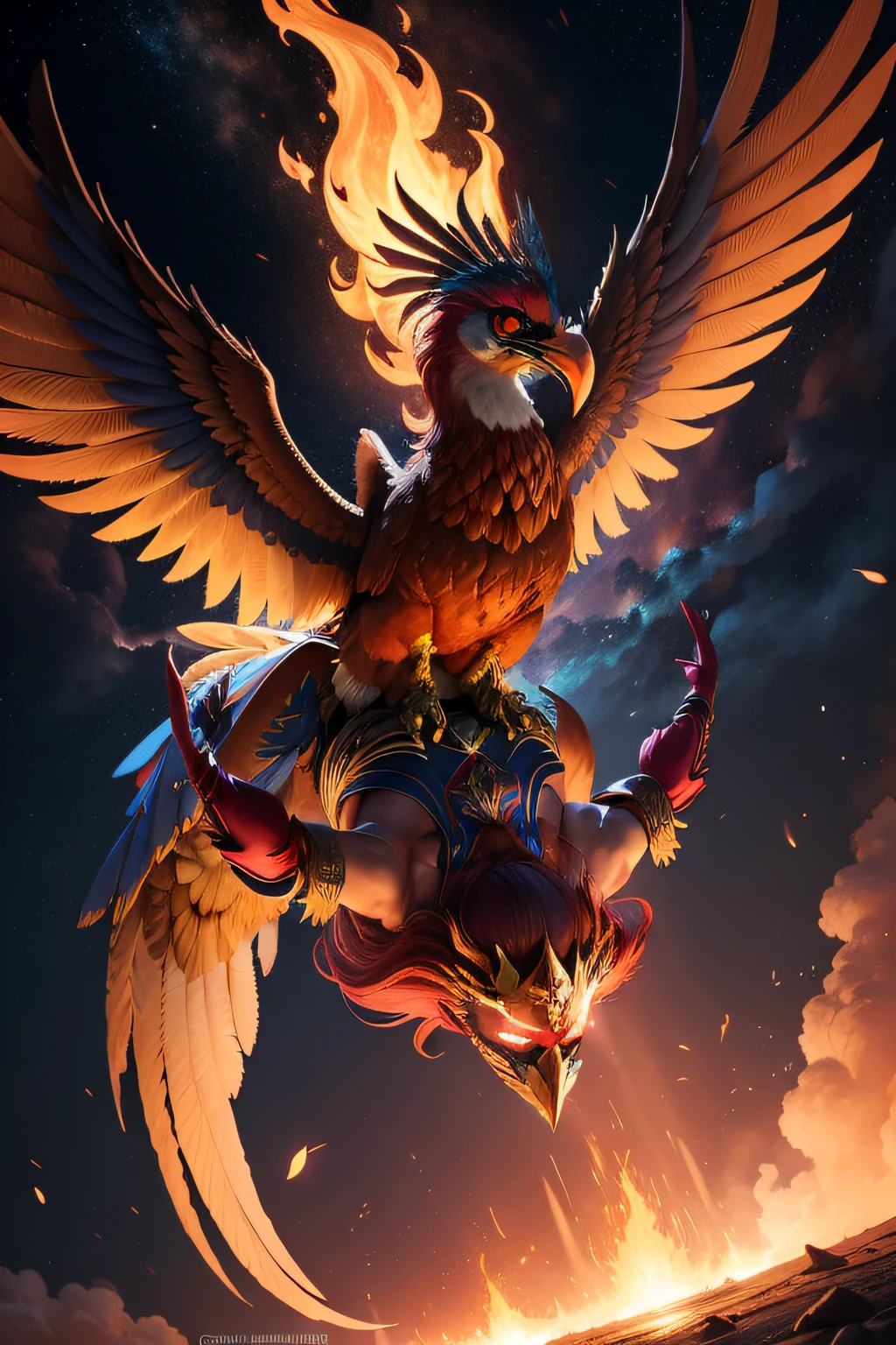 fenix de asas super grandes e cheia de fogo, suas asas em chama rabo com luuz dourada, fenix imponente, fenix majestosa, fenix corajosa, fenix com raios e trovoes em sua volta, dim sky,
