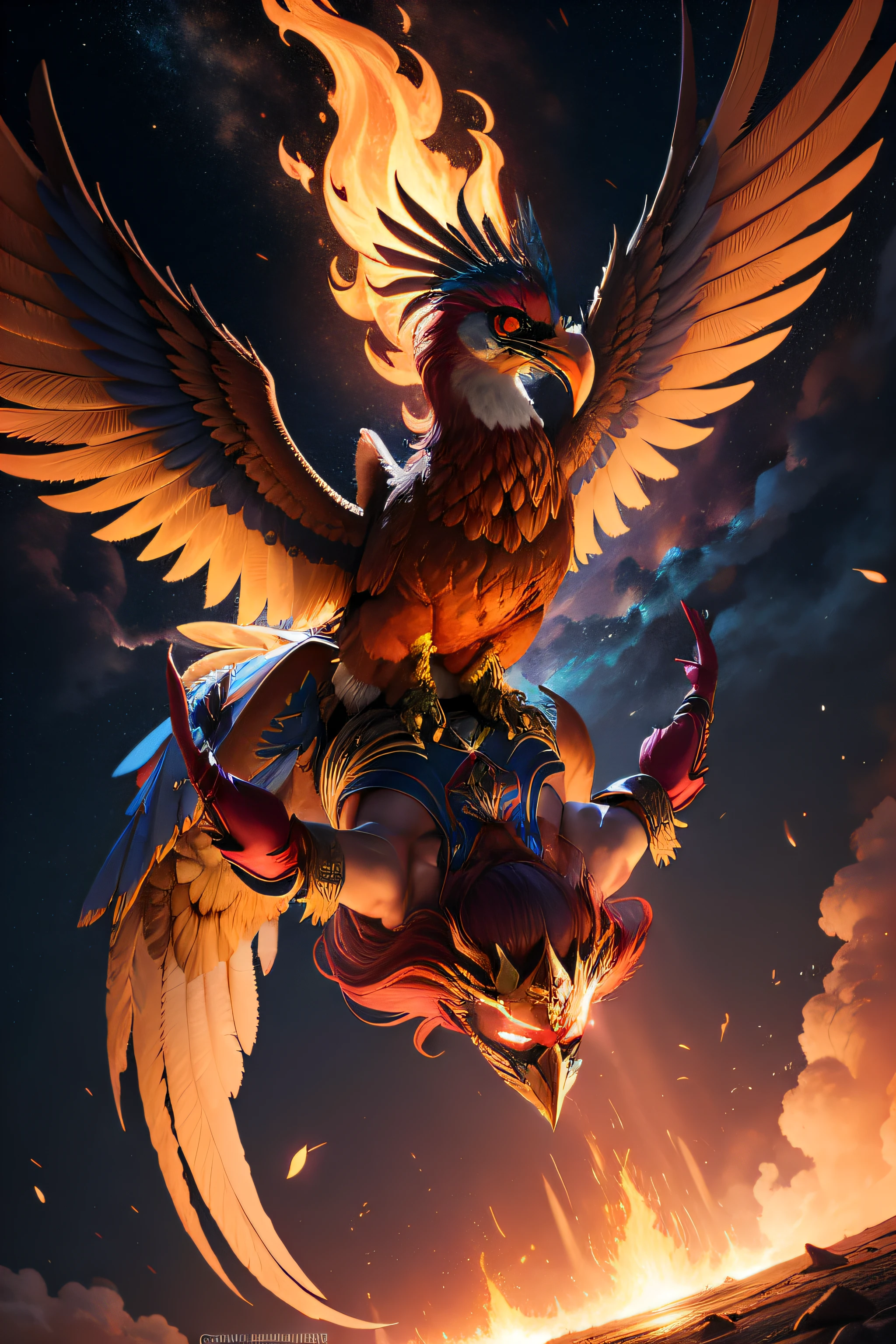 fenix de asas super grandes e cheia de fogo, suas asas em chama rabo com luuz dourada, fenix imponente, fenix majestosa, fenix corajosa, fenix com raios e trovoes em sua volta, dim sky,