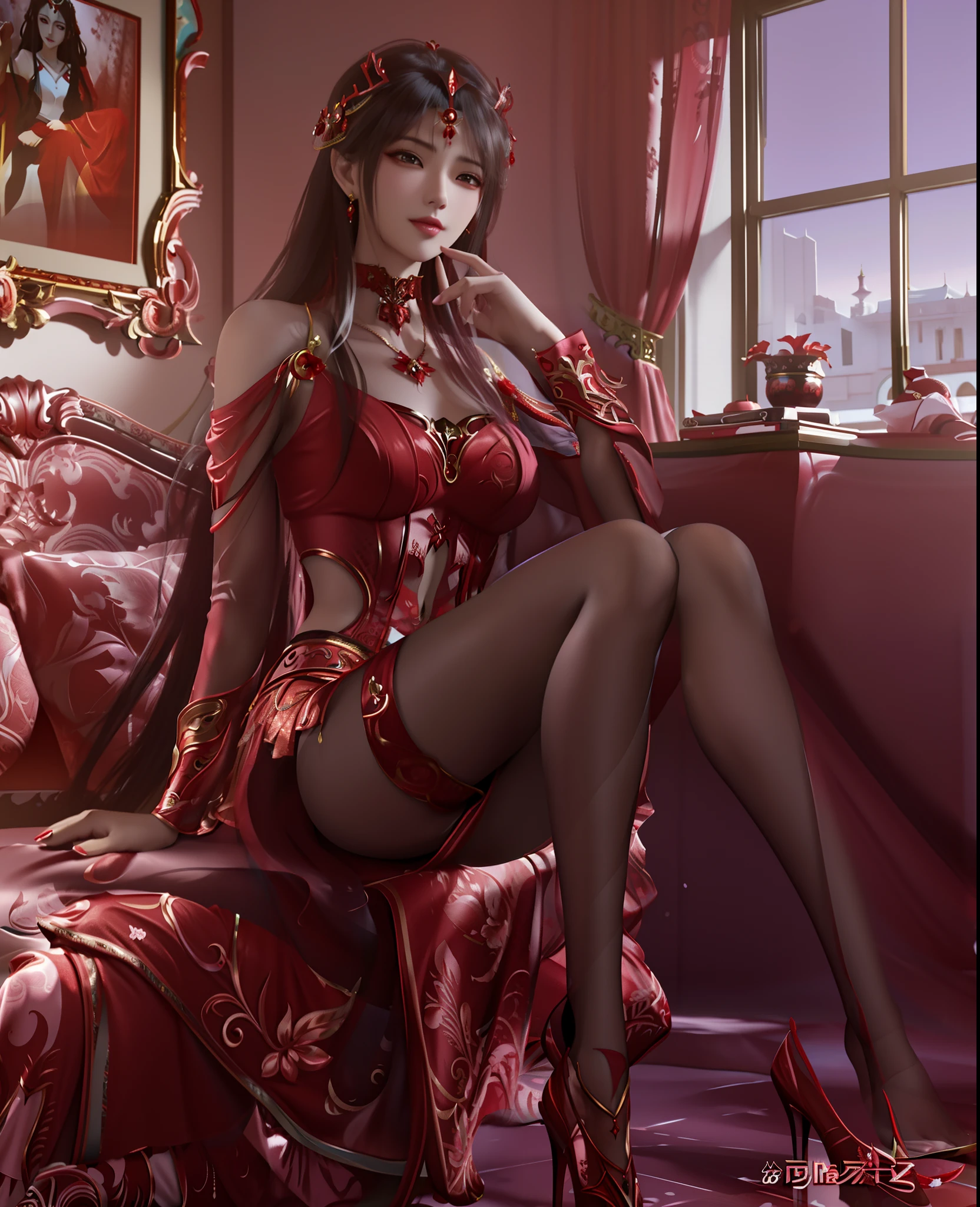 Arakfi woman in red dress sitting on sofa, a beautiful fantasy empress, beautiful and seductive anime woman, 2. 5 D CGI anime fantasy artwork, by Yang J, Extremely detailed Artgerm, 8K high quality detailed art, WLOP et Artgerm, ((a beautiful fantasy empress)), elegant cinematic pose, WLOP and Sakimichan