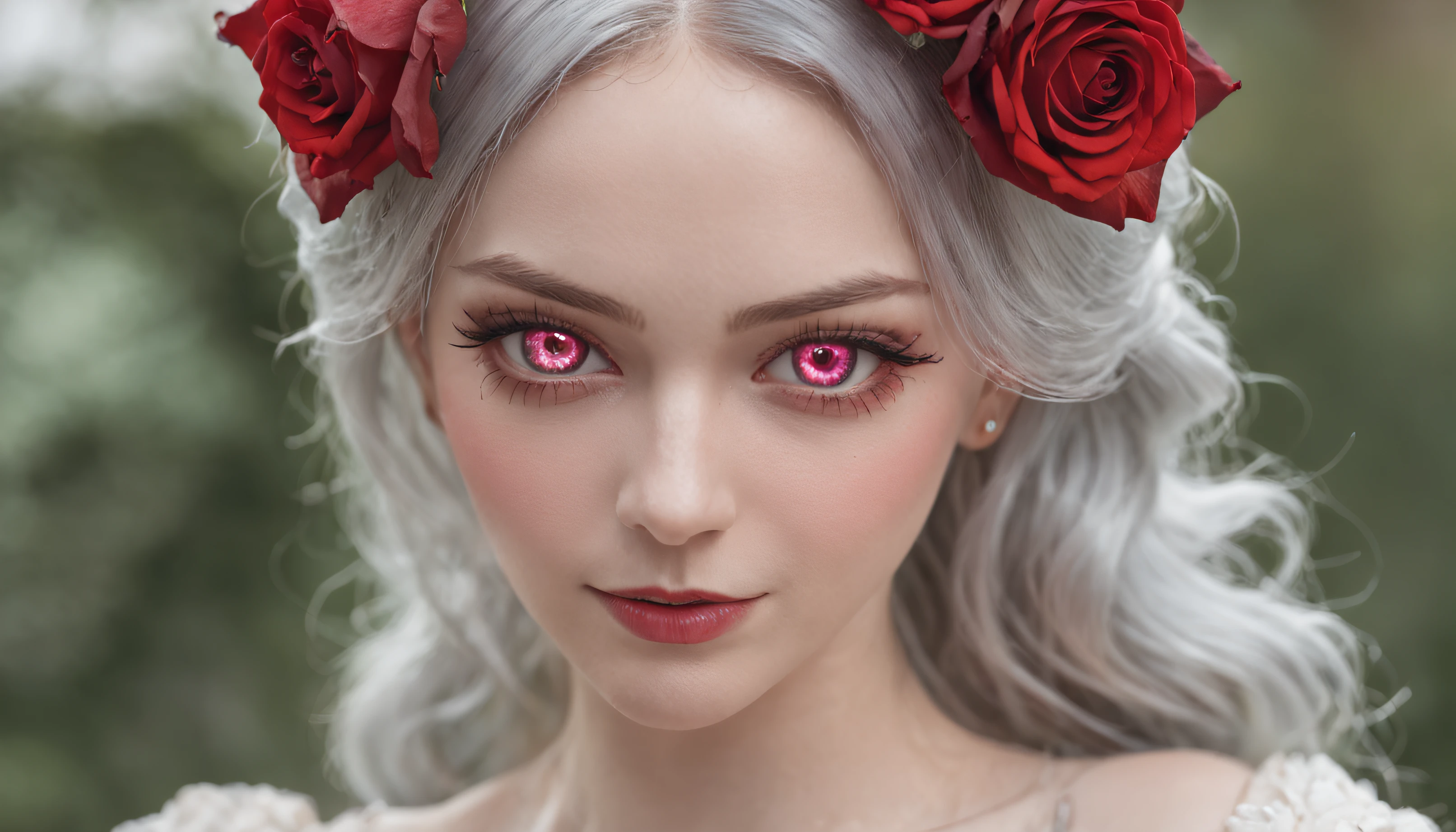 Garden covered with red roses in the background, Silver hair, front ponytail, eyes reflection, red contact lenses, Pink eyes,Heterochromia, Wear earrings, Blue crystal pendant,Evil smile, shairband,High detail, romanticism lain, Depth of field, Sparkle, Ray tracing, viewfinder, zoom layer, Close-up, Bokeh, Anatomically correct, High details, 1080p, hyper HD