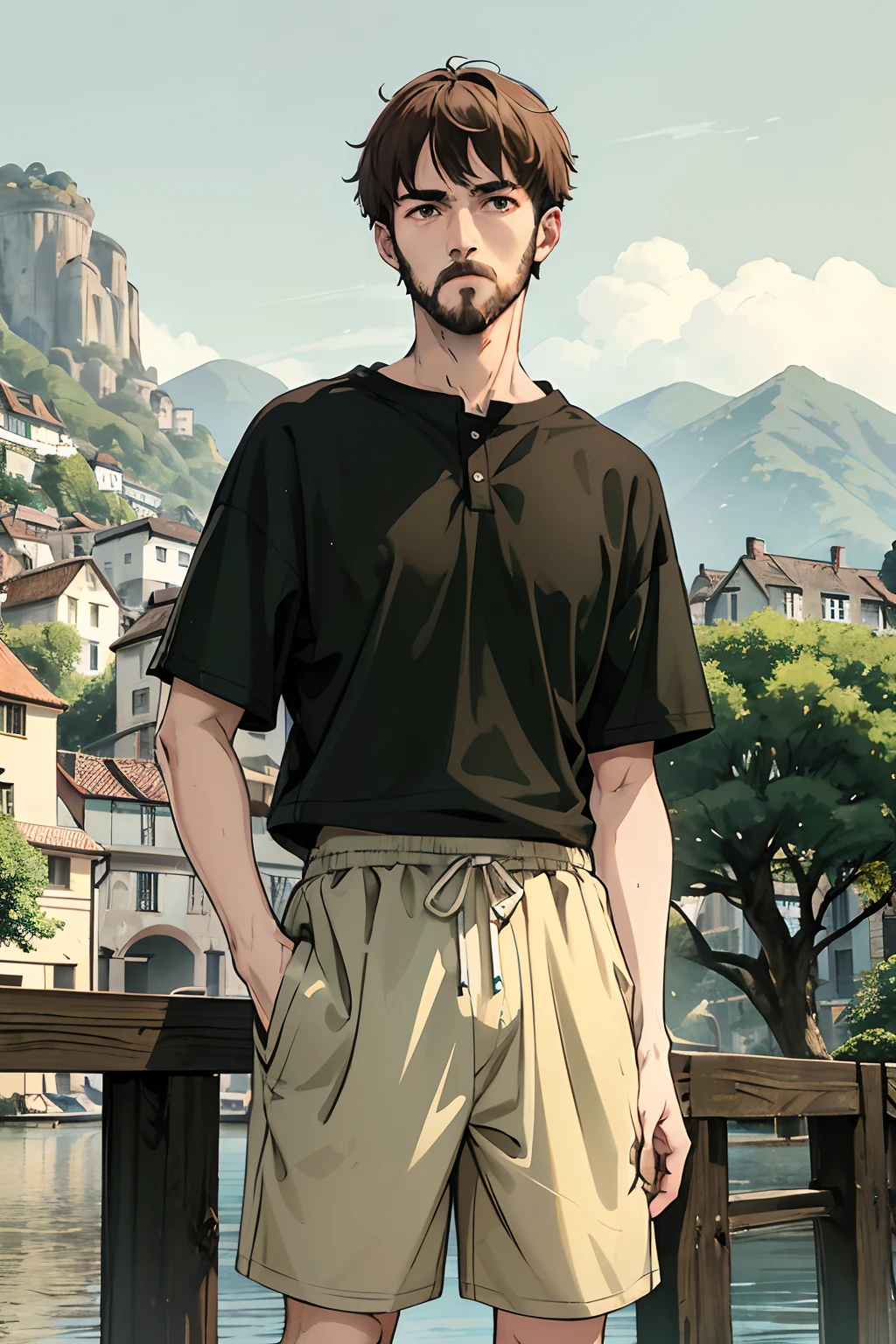 Henley collar t-shirt, baggy shorts, dark green and white clothing, young adult, 19 years, brown eyes, detailed eyes, brown hairs, short hair, beard, cool expression, cool pose, athletic, chill pose, masterpiece, European village background, nature background, old street background