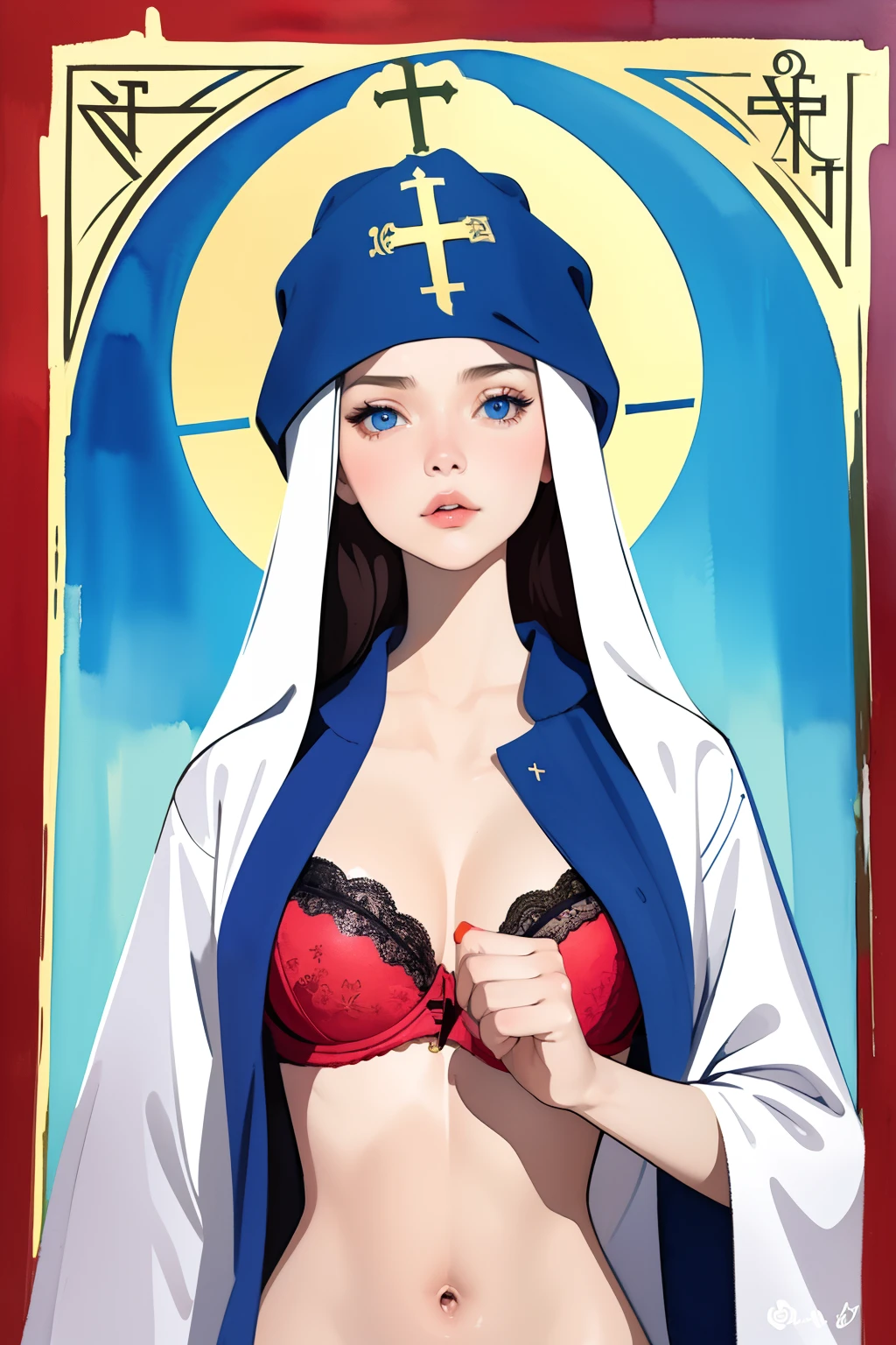 (masterpiece, best quality), (russian orthodox icon:1.2), 1girl, 18yo, colorful bra, (closeup), serious, blue eyes, vibrant colors, dark, watercolor