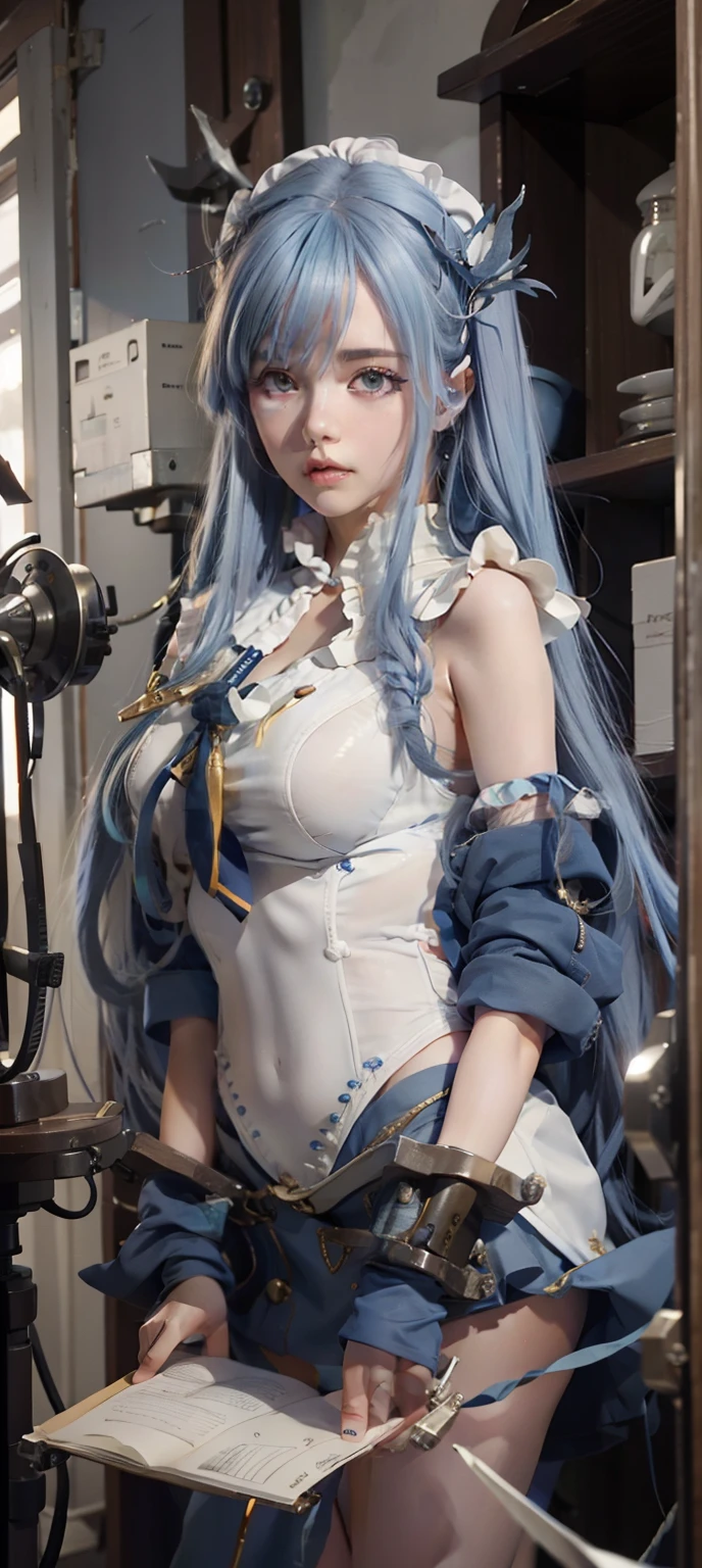 Close-up of a man with long blue hair in a sailor's costume, an anime drawing inspired by Rei Kamoi, trending on pixiv, tachisme, Anime girl cosplay, Anime girl in real life, long white hair, Perfect white haired girl, She has a cute face, anime-inspired, She has milky white skin!!!, as an anime character,Super big breasts,exposed